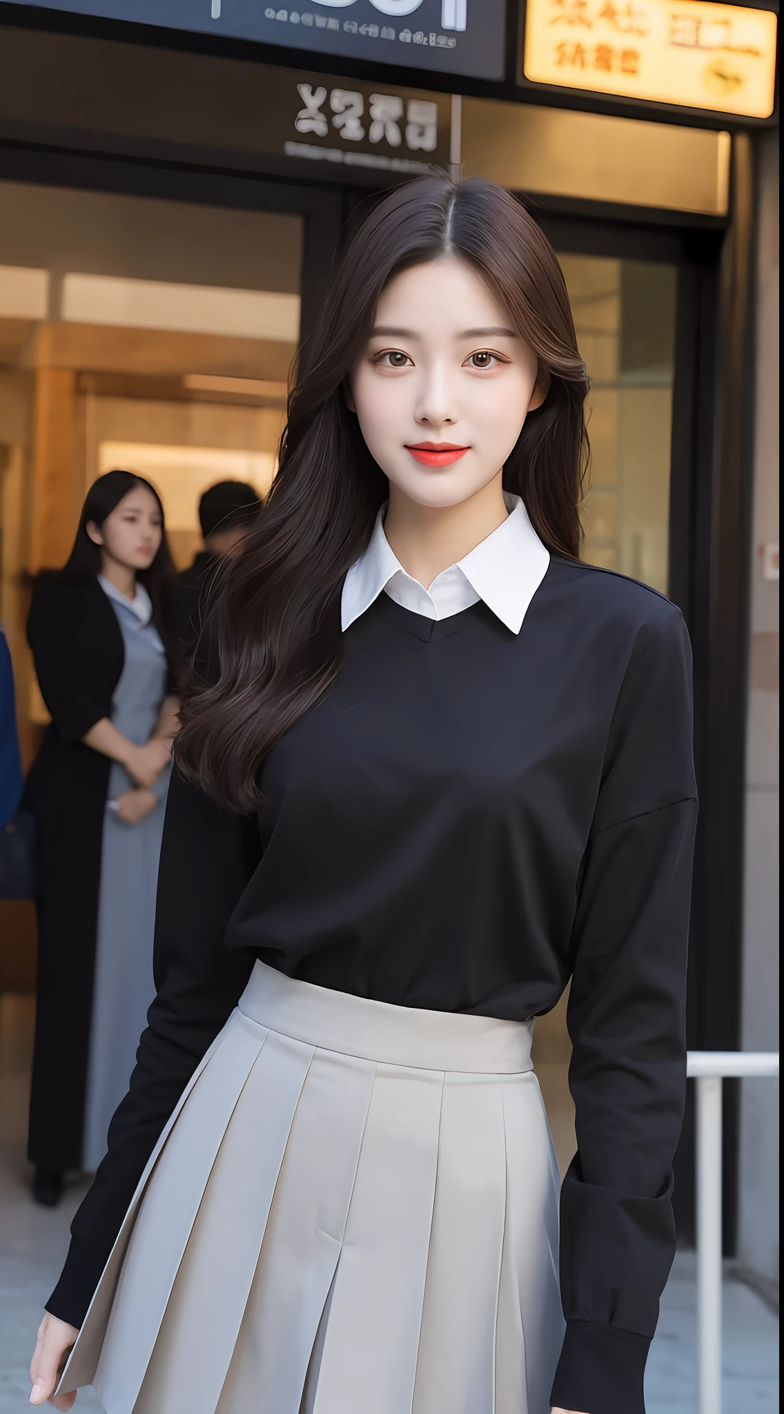 20 years old, pure beauty, danfeng eyes, double eyelids, lying silkworm, long eyelashes, black eyes, deep black hair, graceful body, showing slender waist, JK uniform, pleated skirt, face highlight, smile, look at me, bust photo, background, city night scene, Tyndall light, filter rendering, super fine, HD, HD, HD picture quality, detail, 18k ultra HD resolution, top effect, master work, bust photo.