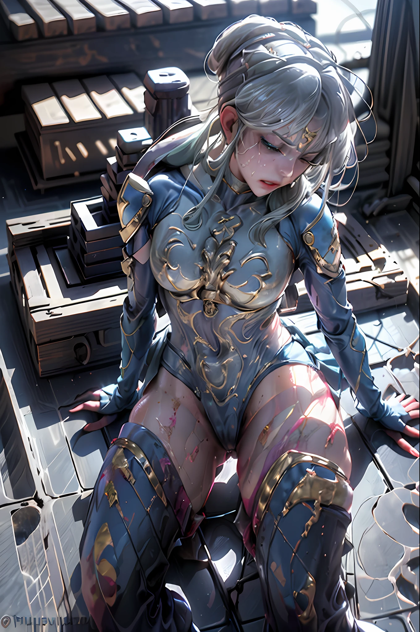 8K, Top Quality, Real Images, Intricate Details, Ultra Detail, Ultra High Resolution, Depth Field, (Photorealistic, Realistic: 1.2), Masterpiece, Supergirl, (Bruises, Dirty, Torn Clothes, Reveal Clothes, Blood: 1.3), Brown Hair, Long Hair, Torn Cape, Torn Pantyhose, Superhero, Solo, Sun, Blue Sky,
Top quality, realistic, photorealistic, (complex details: 1.2), (delicate details), (cinematic light), clear lines, sharp focus, realistic face, detailed face,
Unity 8K wallpaper, ultra high definition, (photorealistic: 1.4), watch the viewer, ((((wearing the teared sheer costume of the superheroine)))),(((no panties, no bra)), wet crotch, wet thighs, Beautiful girl with accentuated slender abs: 1.4, (((The tip is protruding, the areola is protruding, the shape of the pubic area is clearly visible))), Six Pack Abs: 1.4, Bust Botox, Big, Perfect Body, Photography, Sharpness, Unique 850 4, Koda850 K Portrait Camera, F1.6 Lens, Ultra-Realistic Textures, Magnificent Light Textures, Cinestil 800 Fashion Mechanism, (Futuristic Sci-Fi Battle Fashion, Elbow and Knee Cyberpad, Cyber Long Boots, Cyberglove: 1.1), ((Shibari)), ((arms behind the back)), (Completely bound with chains)))), restraints, slaves, collars, contempt, (((tears flow, pain, cry with pain)), sweating, ((wide prison with sunlight)))), dark fantasy, peeling ceilings, broken slabs, rebar between cracks, realistic material details, extreme details, Ultra-realistic materials, broken walls, (((Torn costume))), wet, cloudy, ((rope digging into the crotch, hands tied behind the back, invisible hands)), (((no pan no bra))), costume torn to shreds, broken golden shield and combat spear lying around, long combat boots with white knee pads, long white gloves, combat shoulder armor, junkyard, raining blood, guro, blood on face, blood splatter, realistic,