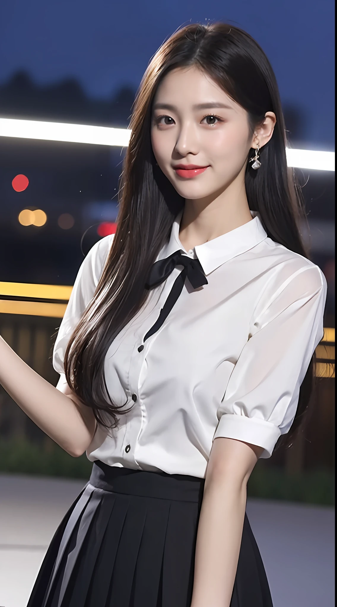 20 years old, pure beauty, danfeng eyes, double eyelids, lying silkworm, long eyelashes, black eyes, deep black hair, graceful body, showing slender waist, JK uniform, pleated skirt, face highlight, smile, look at me, bust photo, background, city night scene, Tyndall light, filter rendering, super fine, HD, HD, HD picture quality, detail, 18k ultra HD resolution, top effect, master work, bust photo.