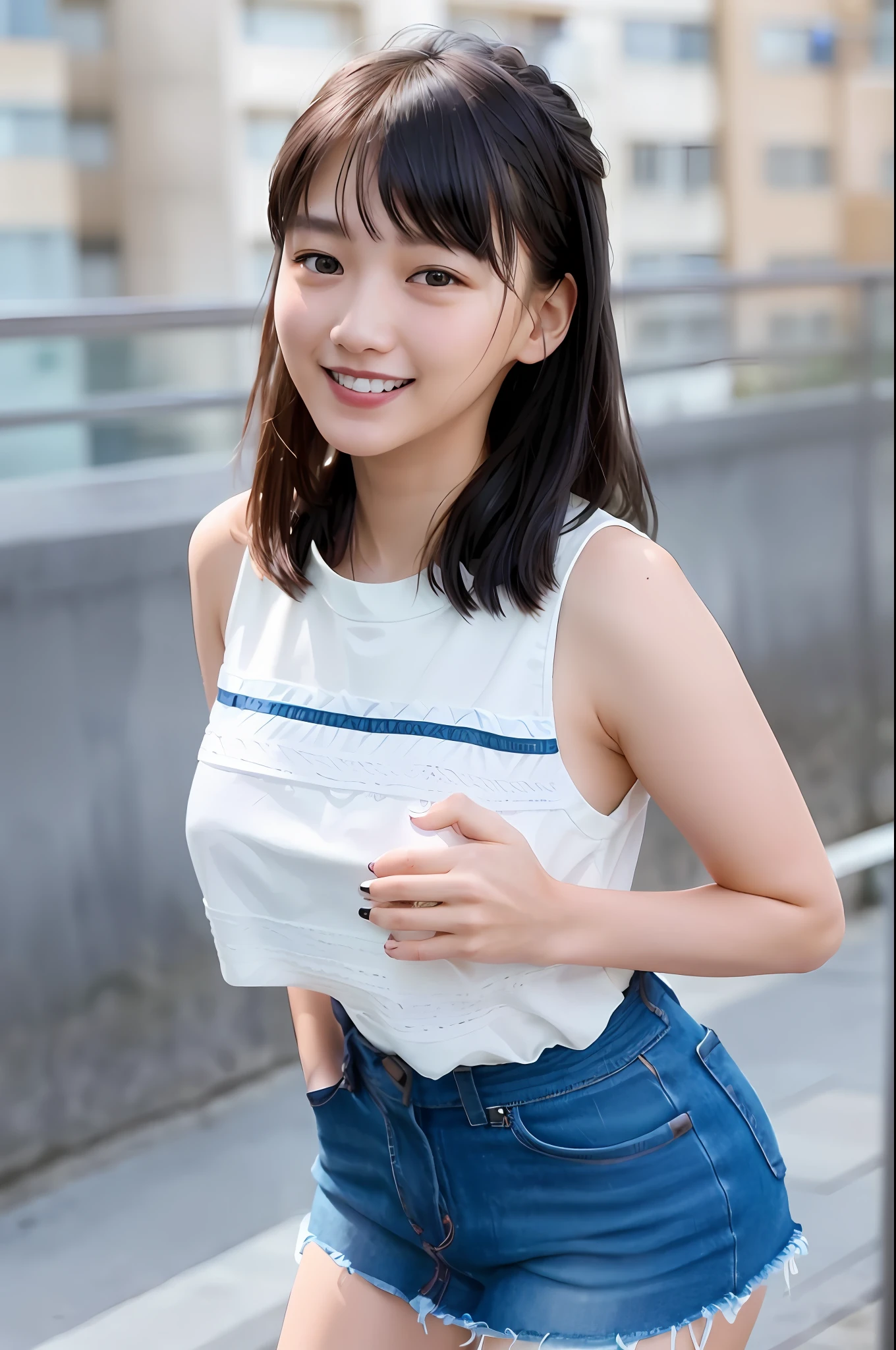 (skin blemish:1.2), (skindentation), black eye, 1woman, 18yo, (((woman))), solo, realistic, best quality, photorealistic, masterpiece, 8k, high res, solo, extremely detailed face, (professional lighting, bokeh), (light particles, lens flare, glowing particles:0.6), (dynamic pose:1.2), soft lighting, top angle view, fashionable and trendy atmosphere, hongkong, street, city, harbour, ((daytime)), sky, ((looking at the viewer:1)), (looking at the camera),(portrait:0.6), cowboy shot, gorgeous, standing, keep original facial proportion, wide shoulder, full body, (huge breast), (long hair), black hair, floating hair, lips, lipstick, seductive smile, floating hair, smile, open_mouth, teeth, (sleeves less white shirt), (mini skirt), eyelashes, mole, (mole under eye:1),
