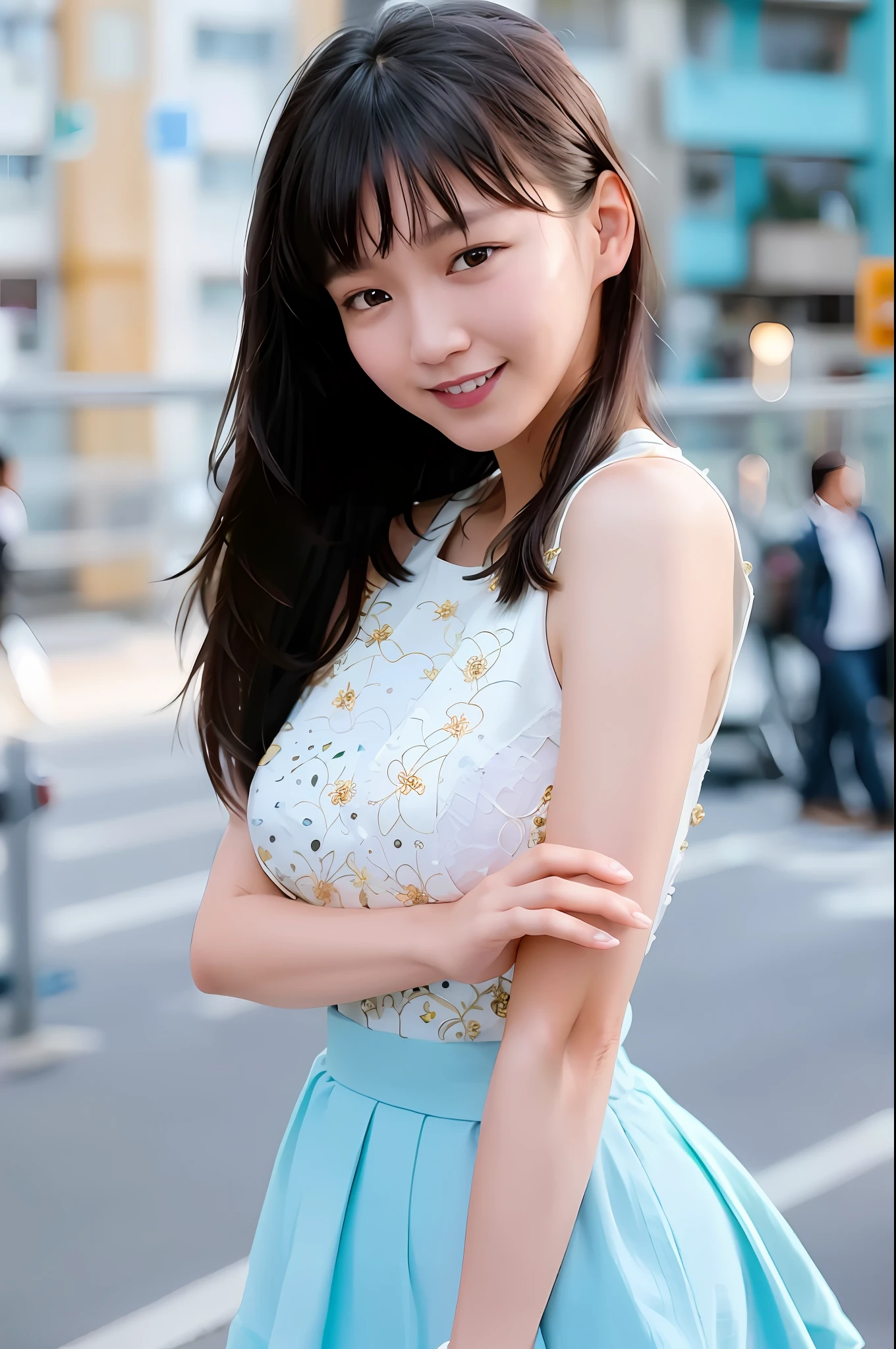 (skin blemish:1.2), (skindentation), black eye, 1woman, 18yo, (((woman))), solo, realistic, best quality, photorealistic, masterpiece, 8k, high res, solo, extremely detailed face, (professional lighting, bokeh), (light particles, lens flare, glowing particles:0.6), (dynamic pose:1.2), soft lighting, top angle view, fashionable and trendy atmosphere, hongkong, street, city, harbour, ((daytime)), sky, ((looking at the viewer:1)), (looking at the camera),(portrait:0.6), cowboy shot, gorgeous, standing, keep original facial proportion, wide shoulder, full body, (huge breast), (long hair), black hair, floating hair, lips, lipstick, seductive smile, floating hair, smile, open_mouth, teeth, (sleeves less white shirt), (mini skirt), eyelashes, mole, (mole under eye:1),
