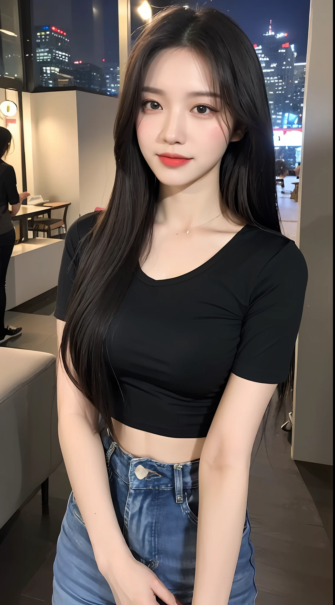 20 years old, pure beauty, danphoenix eyes, double eyelids, lying silkworm, long eyelashes, black eyes, deep black hair, graceful body, exposed slender waist, casual T-shirt, new perfect jeans, face highlight, smile, look at me, bust photo, background, city night view, Tyndall light, filter rendering, super fine, HD, HD, HD picture quality, detail, 18k ultra HD resolution, top effects, master works, bust photos.