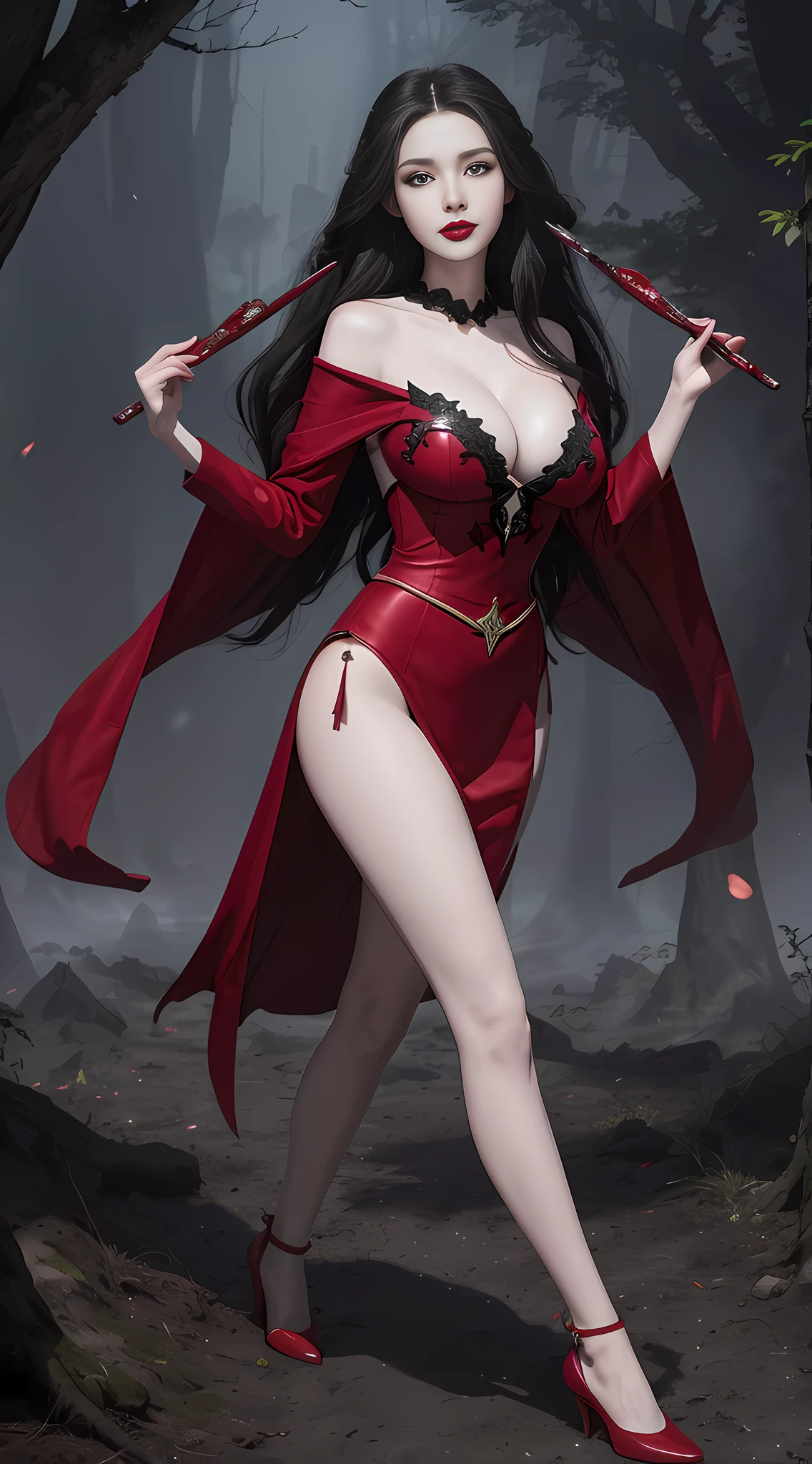 (Masterpiece, Best Quality, Super Fine, Flawless: 1.3), Epic, Illustration, 1 Girl, Beautiful Facial Features, Big Breasts, Pale Skin, (Full Body: 1.3), Dark Witch, (Red Lipstick: 1), Paws, Korea, (Blood Red Tapestry, Loaded with Ominous Creatures: 1.3) On a battlefield full of defeated and fallen people