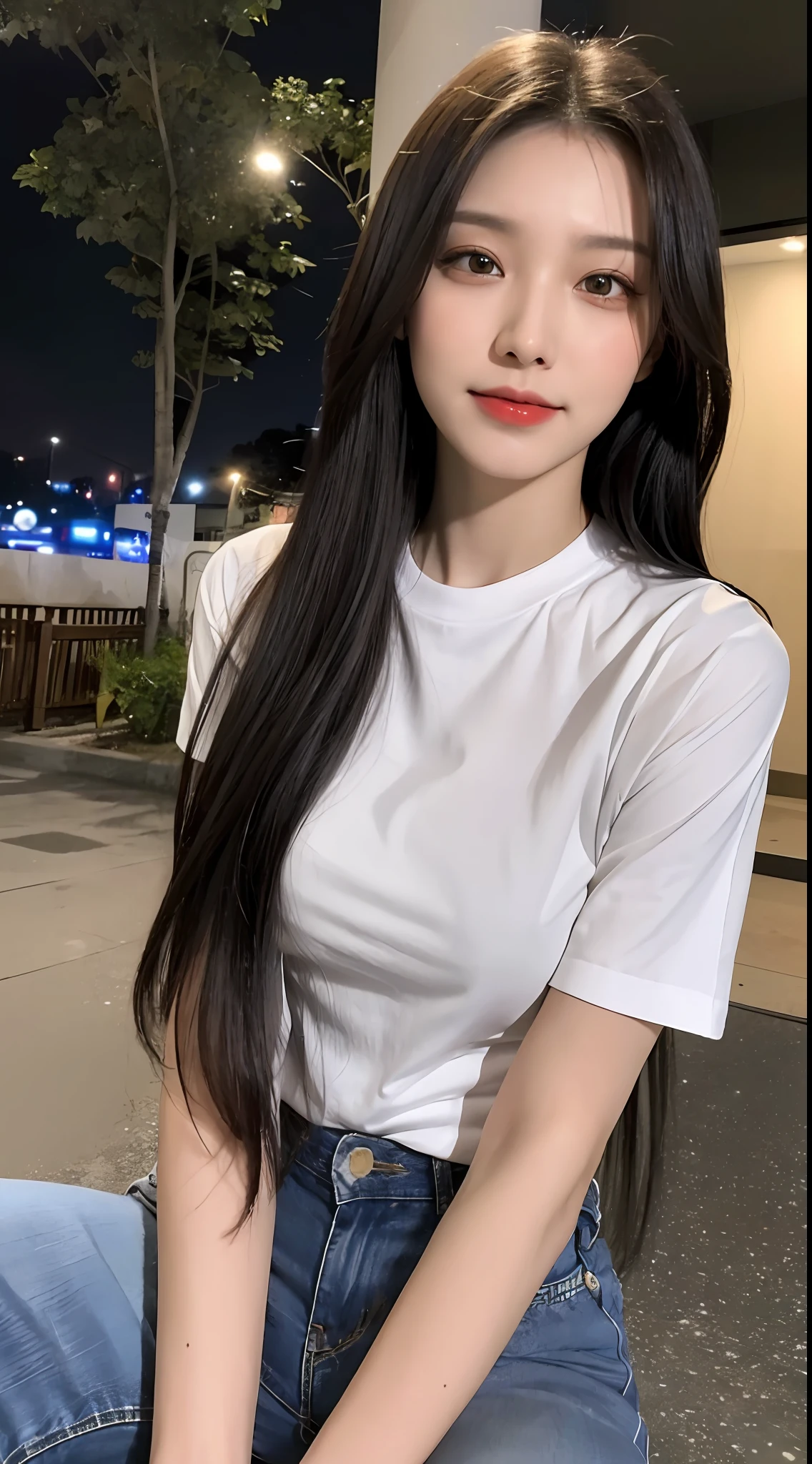 20 years old, pure beauty, danphoenix eyes, double eyelids, lying silkworm, long eyelashes, black eyes, deep black hair, graceful body, exposed slender waist, casual T-shirt, new perfect jeans, face highlight, smile, look at me, bust photo, background, city night view, Tyndall light, filter rendering, super fine, HD, HD, HD picture quality, detail, 18k ultra HD resolution, top effects, master works, bust photos.