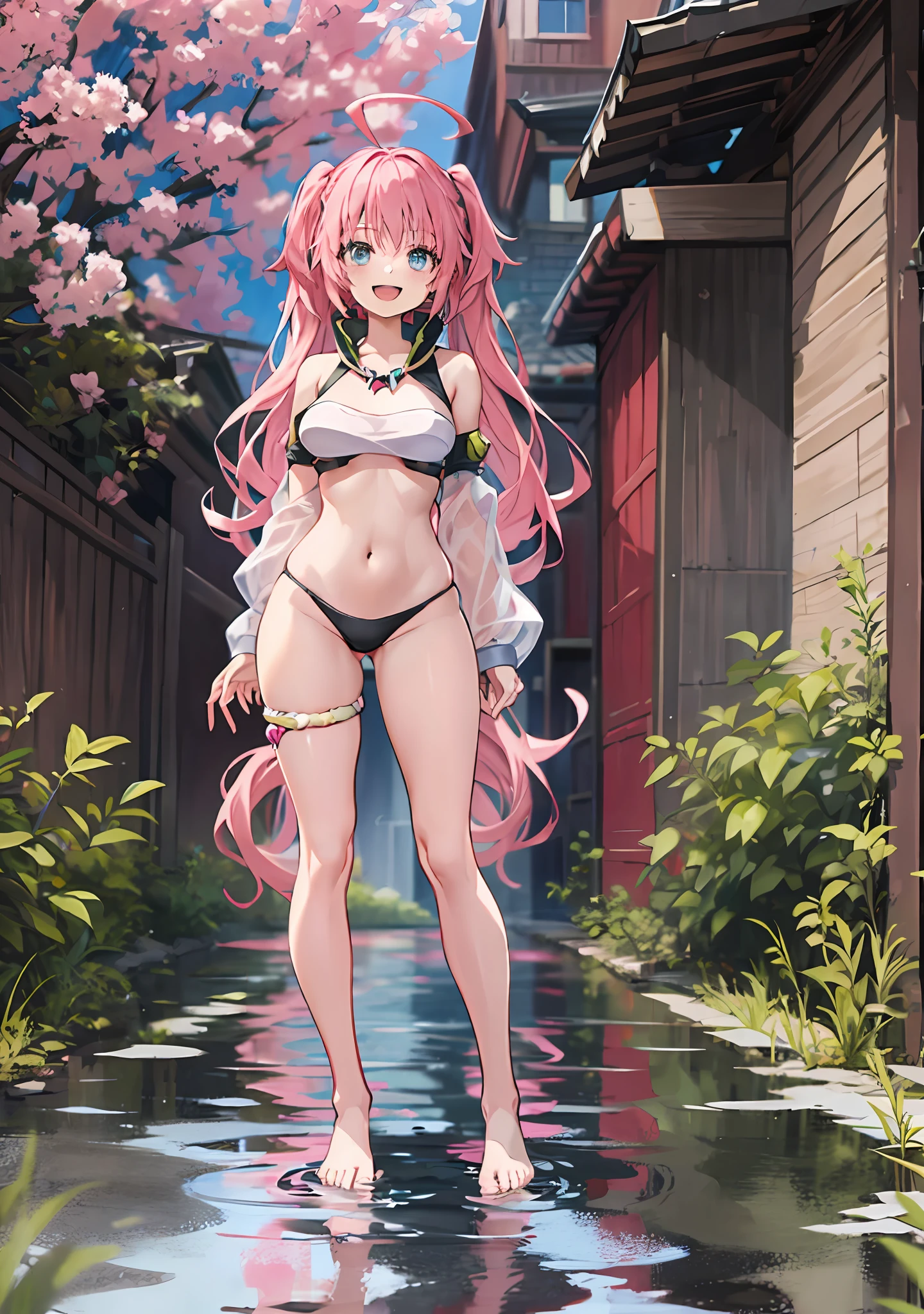 Masterpiece, Mirim Nava, Reincarnation Shiraku Slime Dattaken, Solo, :d, Big Smile, Fangs, Side Rock, Pink Hair, Long Hair, Navel, Bangs, Best Quality, Outdoor, [Focus],(Micro Bikini: 1.4),Full Body, Standing, Model Figure,Bare Feet,Bare Arms,Bare Arms,Bare Shoulders,Bare Shoulders