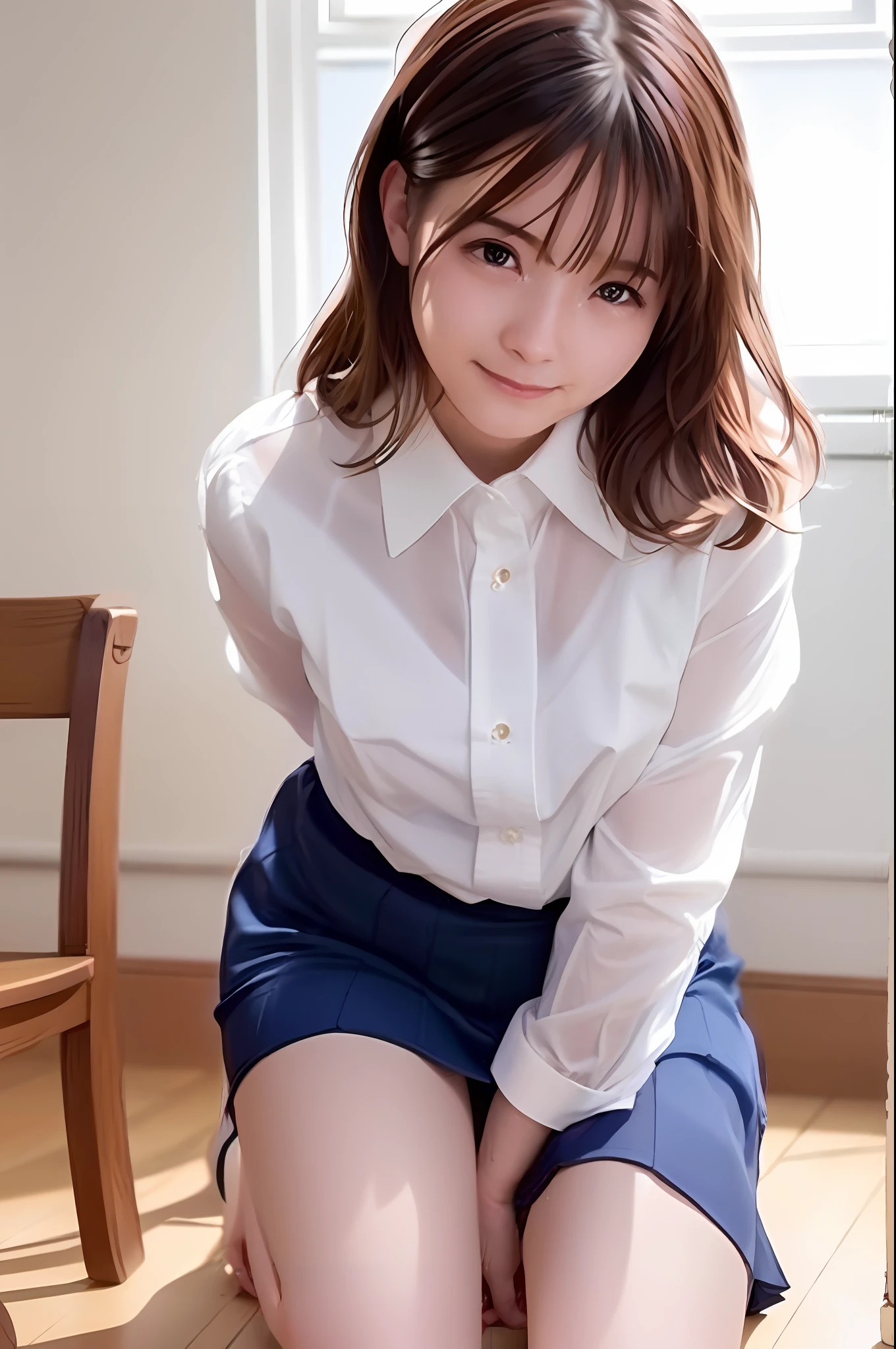 masterpiece, best quality, high resolution, high-resolution, library,one girl, solo, angle from below, skirt, shirt, blue eyes, light shirt, unbuttoned, fluffy breasts, cleavage,protruding, hard, gray hair, pleated skirt, socks, black skirt, long hair, long sleeve, bangs, black socks, pubic hair, pubic hair visible, dress shirt, smile, proud expression, light eyes, sweaty, soaked, sheer , Light clothing, Skirt blowing in the wind, Lifting skirt, crotch line, hip line, white underwear, panty shot, beautiful leg line, drops flowing down the legs, lower body soaked, wet hips, excessive crotch water droplets, three-dimensional feeling of body parts, exposed underwear, realistic skin texture, focus on the feet, kneeling, finger shifting panty position, lighting from below, Bitten panties