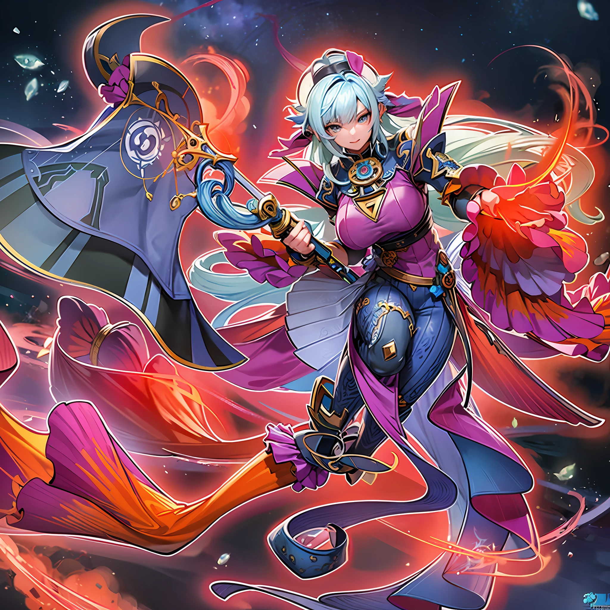 Blue-haired anime girl holding a sword in circles, Yang J's anime manga, pixiv contest winner, fantasy art, beautiful celestial mage, full portrait of the elementalist, detailed key anime art, Kusart Krenz key art female, official character art, shadow universe style,