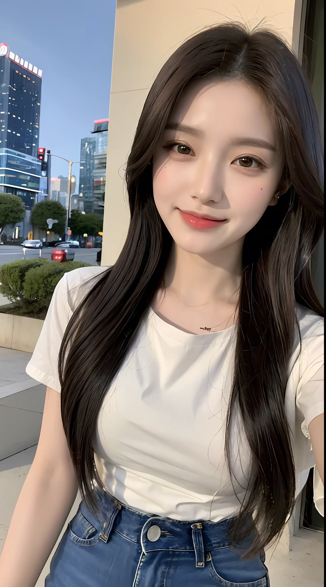20 years old, pure beauty, danphoenix eyes, double eyelids, lying silkworm, long eyelashes, black eyes, deep black hair, graceful body, exposed slender waist, casual T-shirt, new perfect jeans, face highlight, smile, look at me, bust photo, background, city night view, Tyndall light, filter rendering, super fine, HD, HD, HD picture quality, detail, 18k ultra HD resolution, top effects, master works, bust photos.