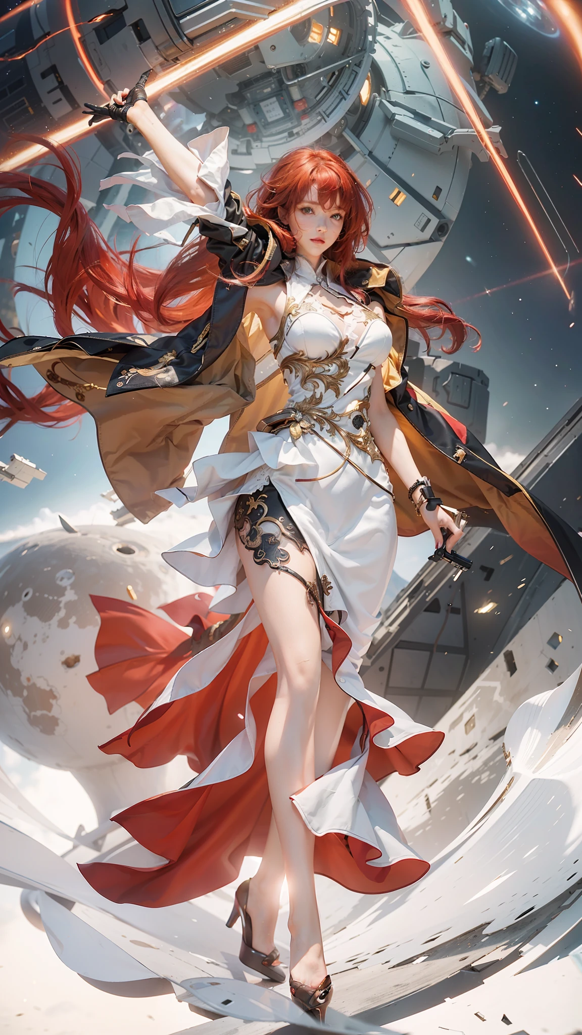 best quality, masterpiece, raw photo, photon rendering, ultra detailed, detailed face, detailed skin, 8k masterpiece, cinematic lighting, 1 girl, solo, red hair, 1 hand up, high heels, white dress, sexy dress, brown jacket, full-body, long legs, looking at the viewer, space background,