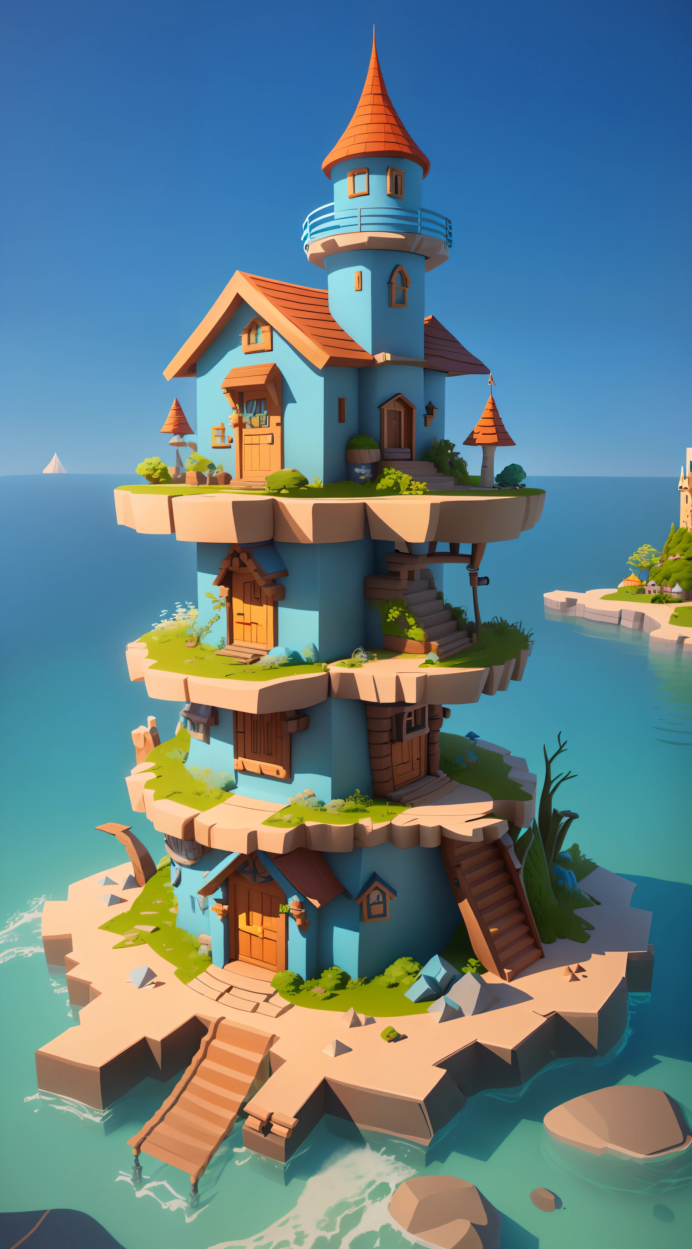 a close up of a small building on a small island, stylized 3d render, 3 d render stylized, stylized 3 d, stylized as a 3d render, stylized game art, cute 3 d render, 3 d stylize scene, toon render keyshot, fantasy house, the wizard's magical tower!!, wizard tower, wizard's tower