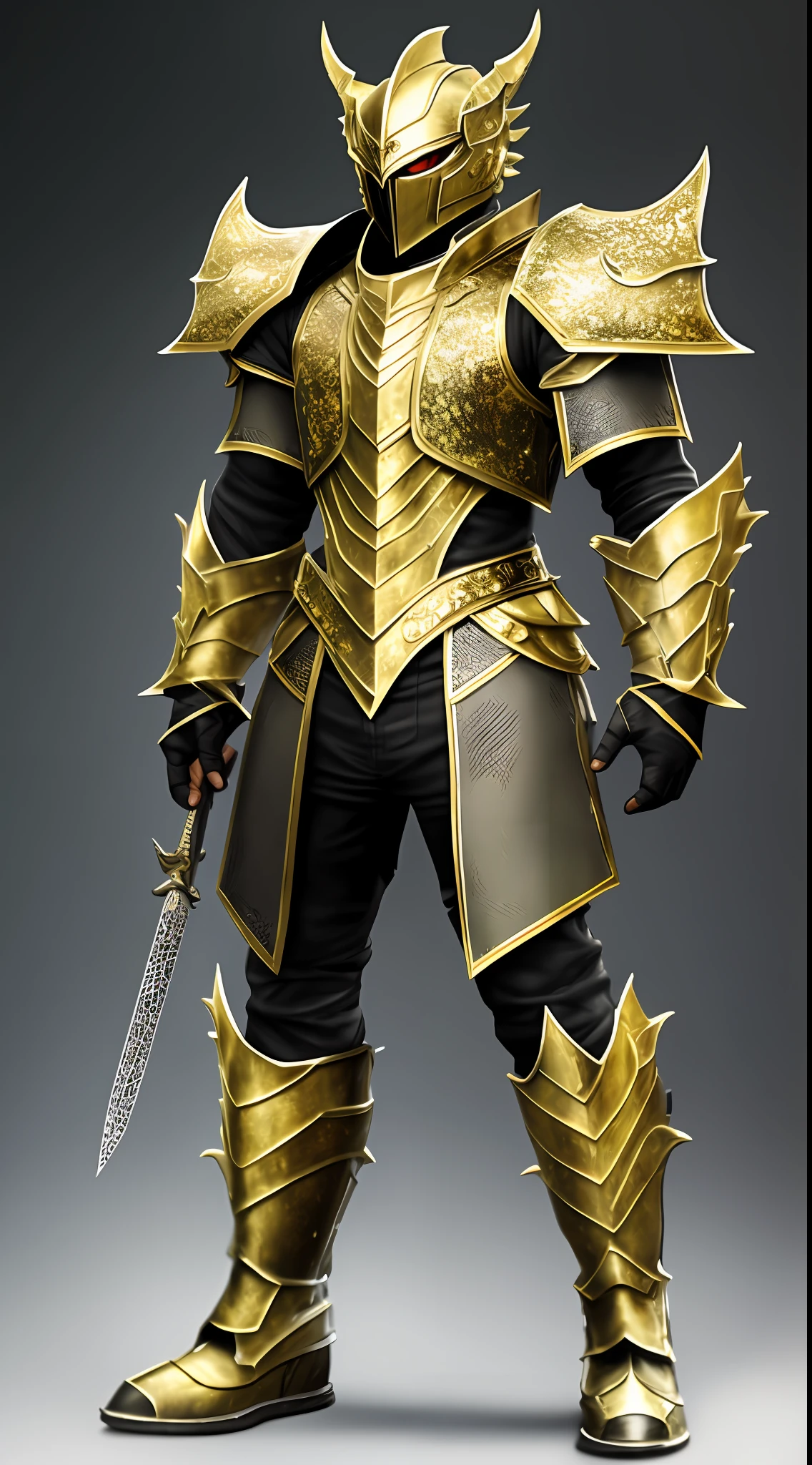 A heavily armored warrior with golden scales, a helmet covered with dragon horns and a hairstyle, 185cm tall, wearing metal armor, pants woven texture, metal combat boots, and standing on standby. The integrity of the picture is not cut edges, the upper body design and accuracy are guaranteed first, the main body is mainly in the Arad style, and there is no relationship between ambient light and shadow. White background --auto --s2