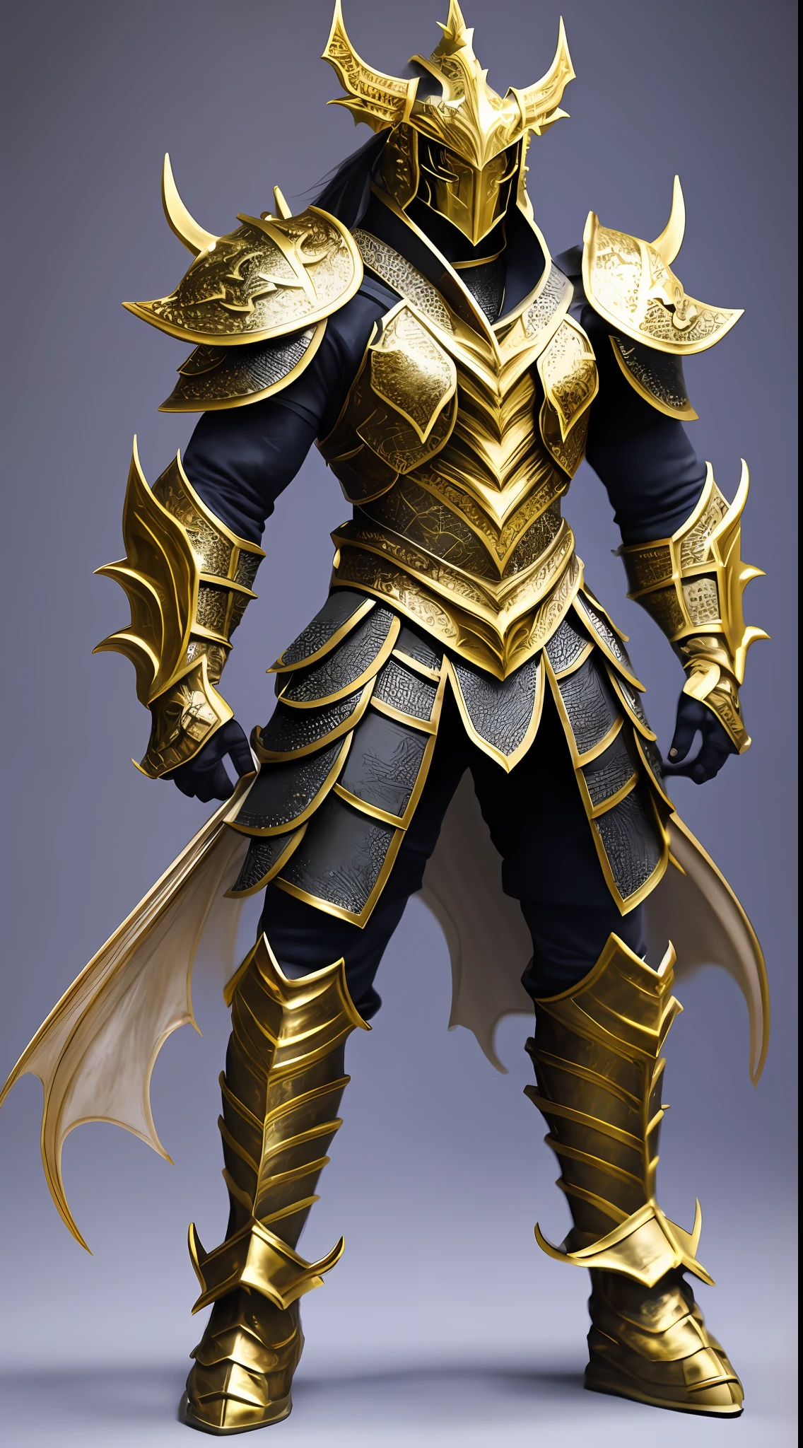 A heavily armored warrior with golden scales, a helmet covered with dragon horns and a hairstyle, 185cm tall, wearing metal armor, pants woven texture, metal combat boots, and standing on standby. The integrity of the picture is not cut edges, the upper body design and accuracy are guaranteed first, the main body is mainly in the Arad style, and there is no relationship between ambient light and shadow. White background --auto --s2