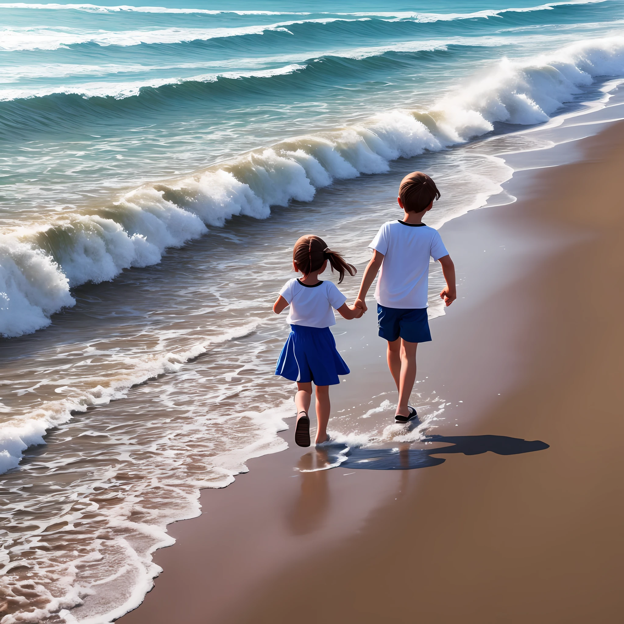 On sunny beach and a little girl and a little boy holding hands are running, shooting in the back in HD 8K --auto --s2