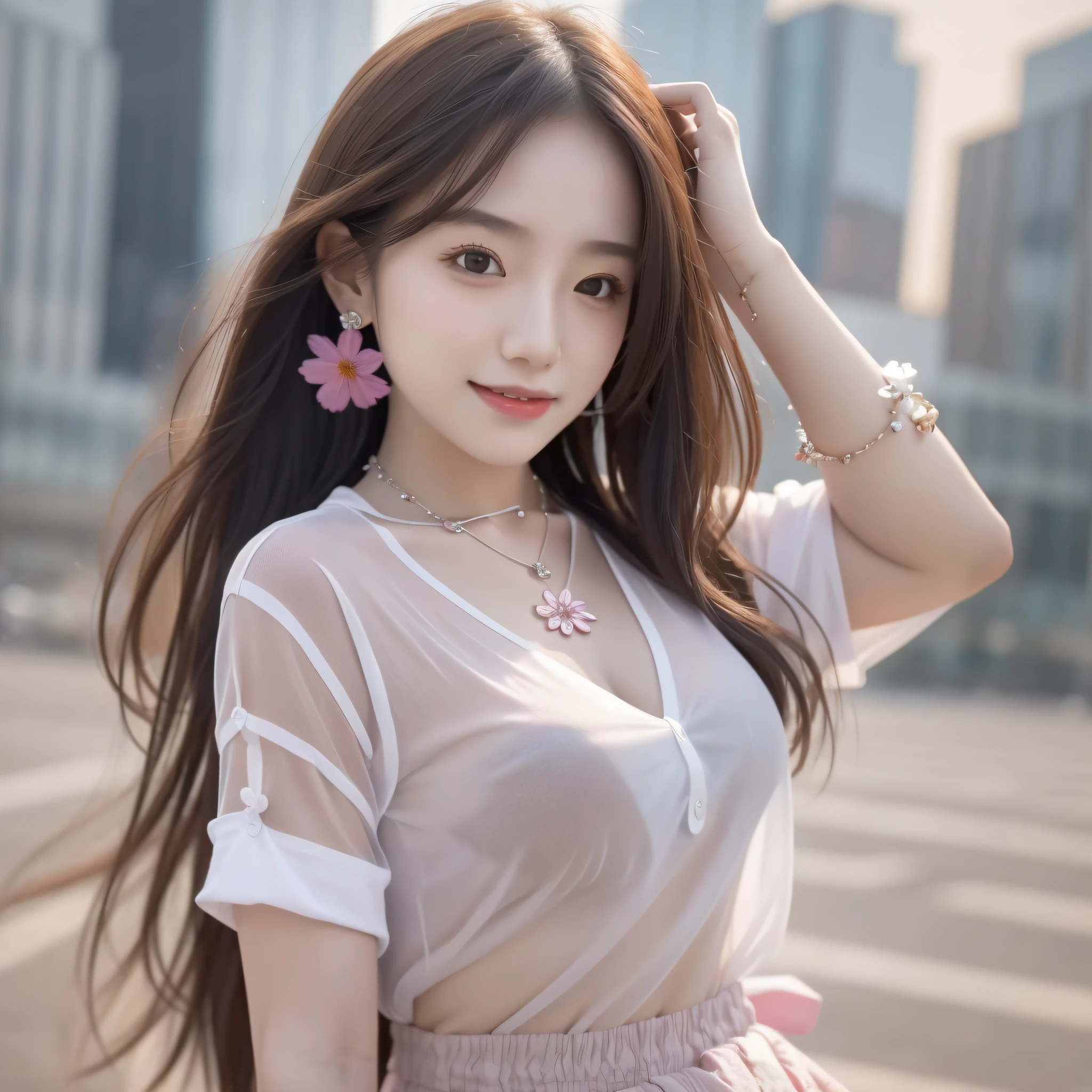 1girl, smile, miniskirt, transparent shirt, necklace, jewelry, flower, outdoor, the most beautiful image ever seen, realistic, uhd, RAW, sharp focus, photorealistic, best quality, korea, ultra high res, masterpiece
