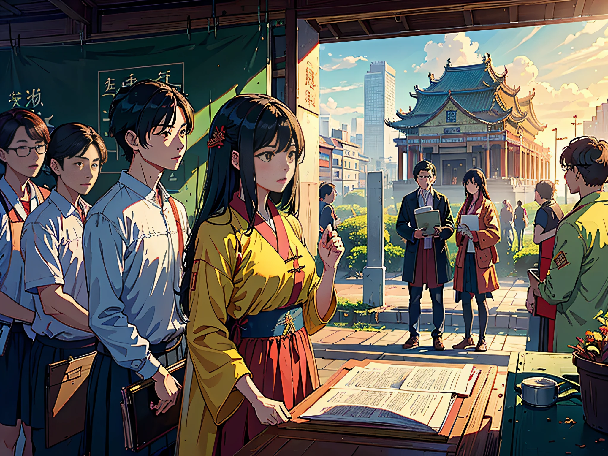 Morning sunny, southern teaching building, multiple students in the school square, crowd is students, with exam tools, background school building, the lens is mainly featured in the student crowd, in the Loepfe art style ((Xinhaicheng), popular in CGStation, Xinhaicheng H 2160, inspired by Bian Shoumin, Xinhaicheng, Kavasi, Guwitz's style, high-quality pictures, 4K, 8K, resolution,