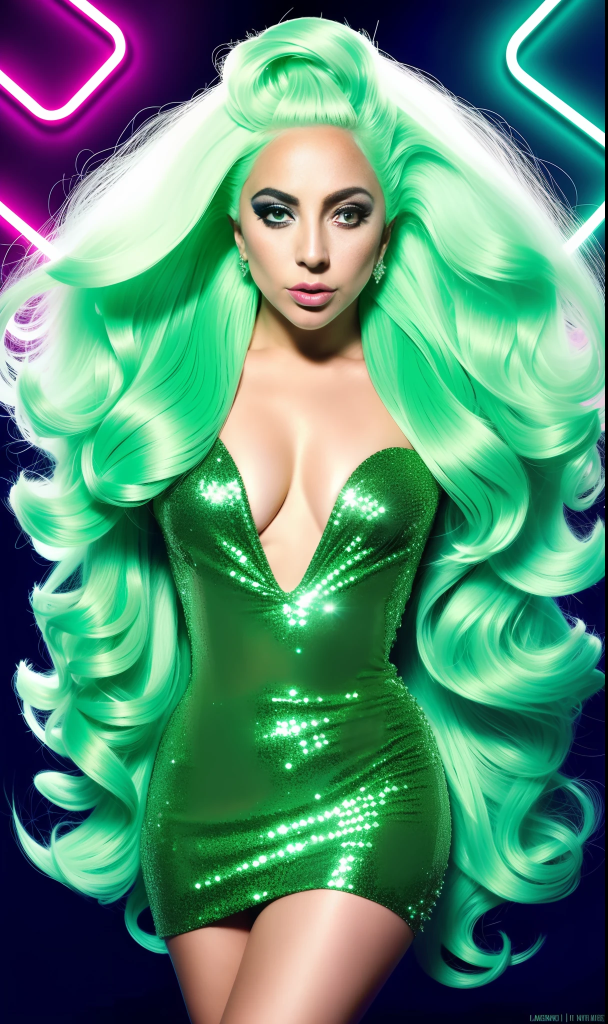 Lady Gaga Photo, 4K Texture, Green Dress with Diamonds,Neon,Straight, White & Extravagant Hair, 8k Picture, Haute Couture, Flashes, High Image Quality,Neon Dress, Realistic Face, Various Body Poses, Full Body, 8K Image, Sharp Image,HD, Blue Glasses, HD Face