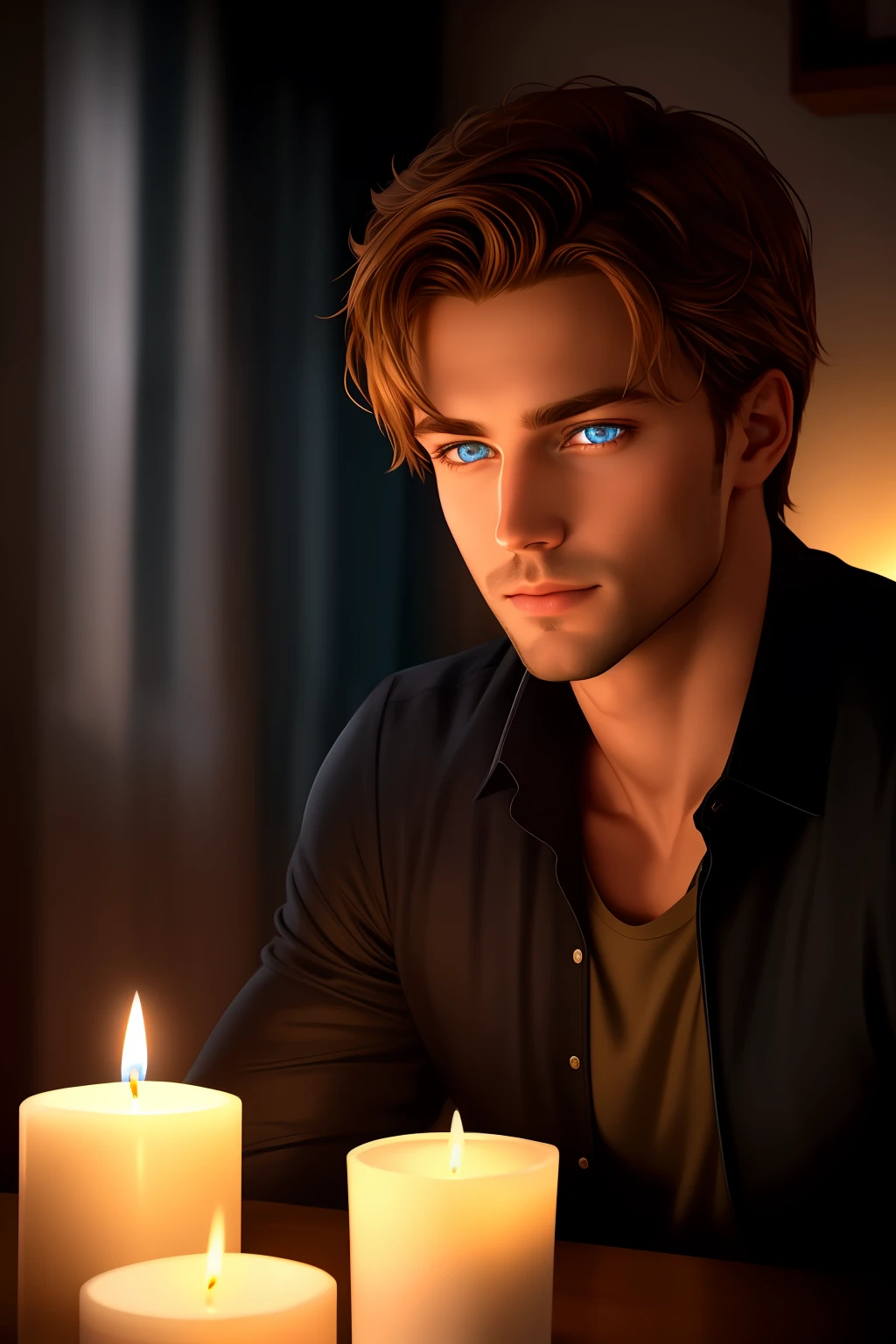 Handsome guy with intense blue eyes is sitting in a completely dark room. There's a lit candle 30 centimeters away from his face, illuminating his beautiful features. Photorealistic style. 8k resolution. Very detailed.