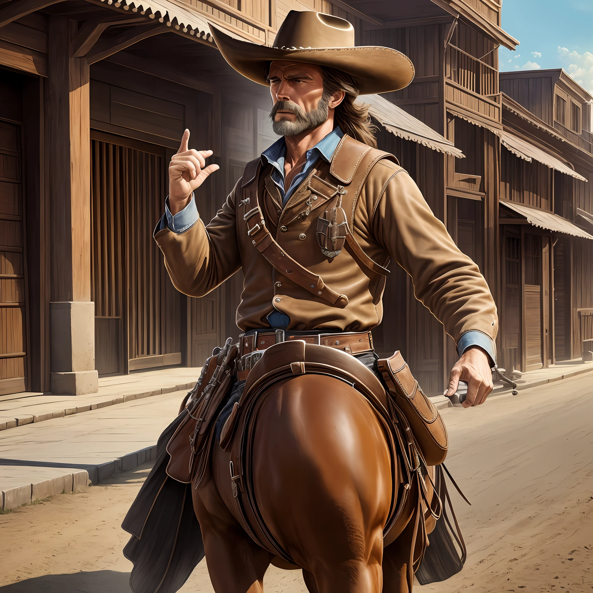 Prompts; Front angle view, A horse riding cowboy in the street of wild west town, American frontier, in the style of Clint Eastwood, character of (man with no name), detailed face, Perfect body ratio, detail legs and finger, dark brown horse, action theme, 18th century culture, highly detailed, hyper realistic, photorealistic, perfect lighting, chiaroscuro effect, volumetric lighting, 8k resolution, perfect boots, perfect shoes --auto --s2