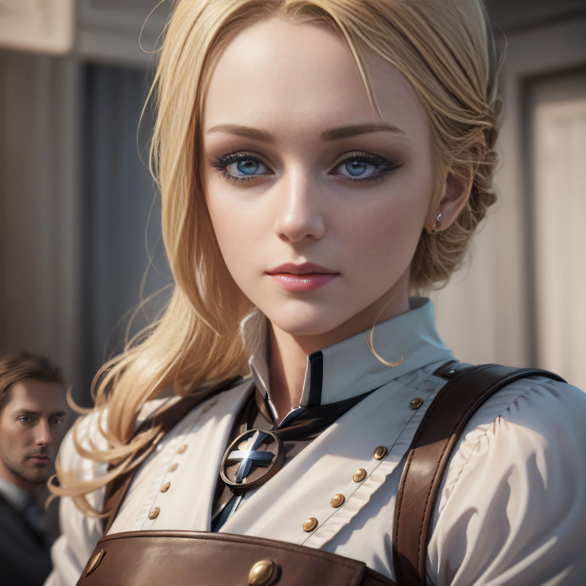 blond woman with blue eyes and a brown leather apron, cinematic realistic portrait, 8k portrait render, artgerm ; 3d unreal engine, hyperrealistic schoolgirl, a hyperrealistic schoolgirl, photorealistic anime girl render, unreal engine character art, character portrait closeup, cinematic bust portrait, hyper-realistic cg, character close up, stunning character art, closeup character portrait