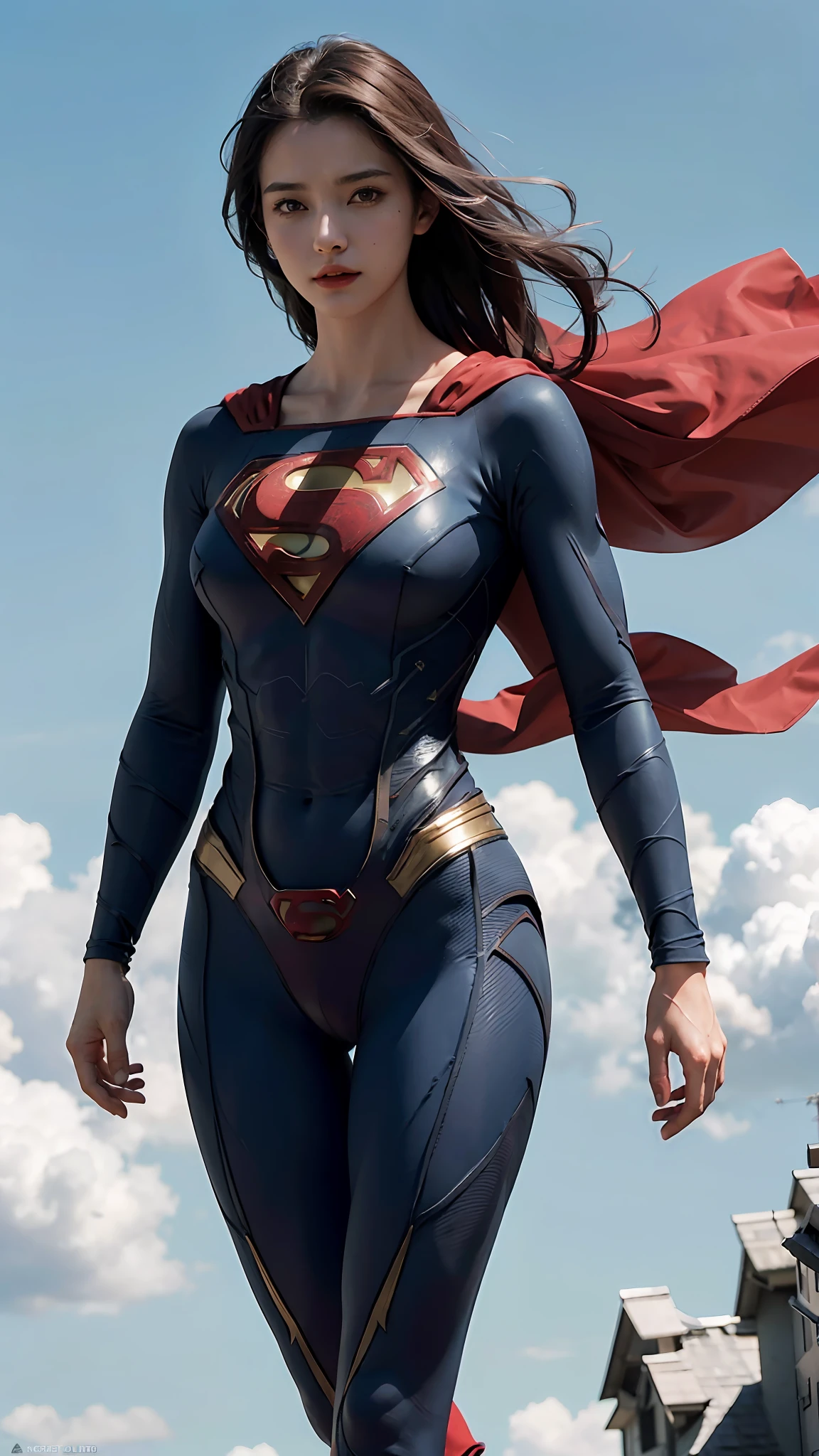 Detailed SuperMan costume with full sleeves covering the entire body, featuring a woman's physique, high-quality rendering, flying in sky, dynamic pose, contrasting shadows and highlights, vivid colors, dramatic lighting.
