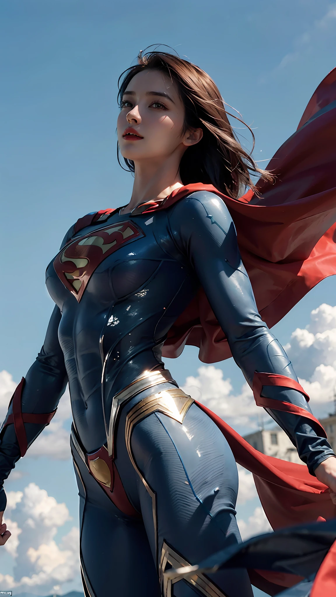 Detailed SuperMan costume with full sleeves covering the entire body, featuring a woman's physique, high-quality rendering, flying in sky, dynamic pose, contrasting shadows and highlights, vivid colors, dramatic lighting.