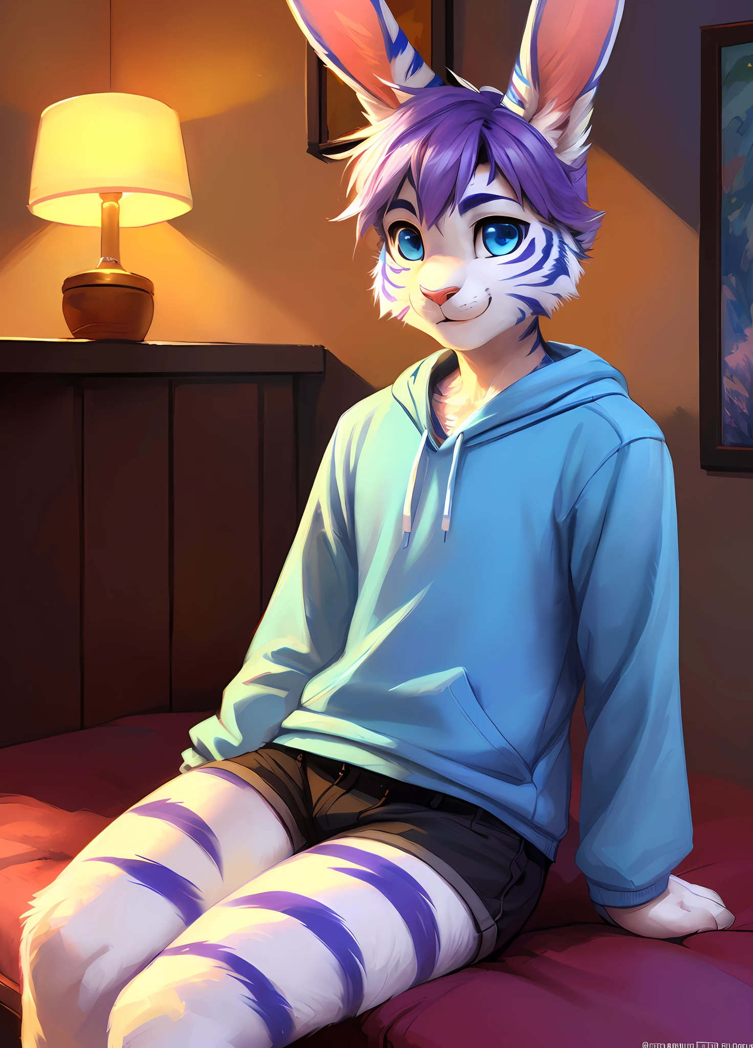 beautiful, masterpiece, 4k, 8k, high-res, sharp lighting, kenket, Ross Tran, ruan jia, detailed eyes, detailed face, ((1boy)), (((very handsome, masculine, bunny))), purple and white fur colors, ((street-wear clothing)), sitting down on bed , cozy room background, ((one ear flopped down)), looking at viewer, smiling, (gentle, blue eyes), hands next to body, portrait, sky blue tiger stripes on ears, sky blue tiger strips on arms, sky blue tiger strips on legs, solo, 1boy, femboy, sissy, white fur, bunny,