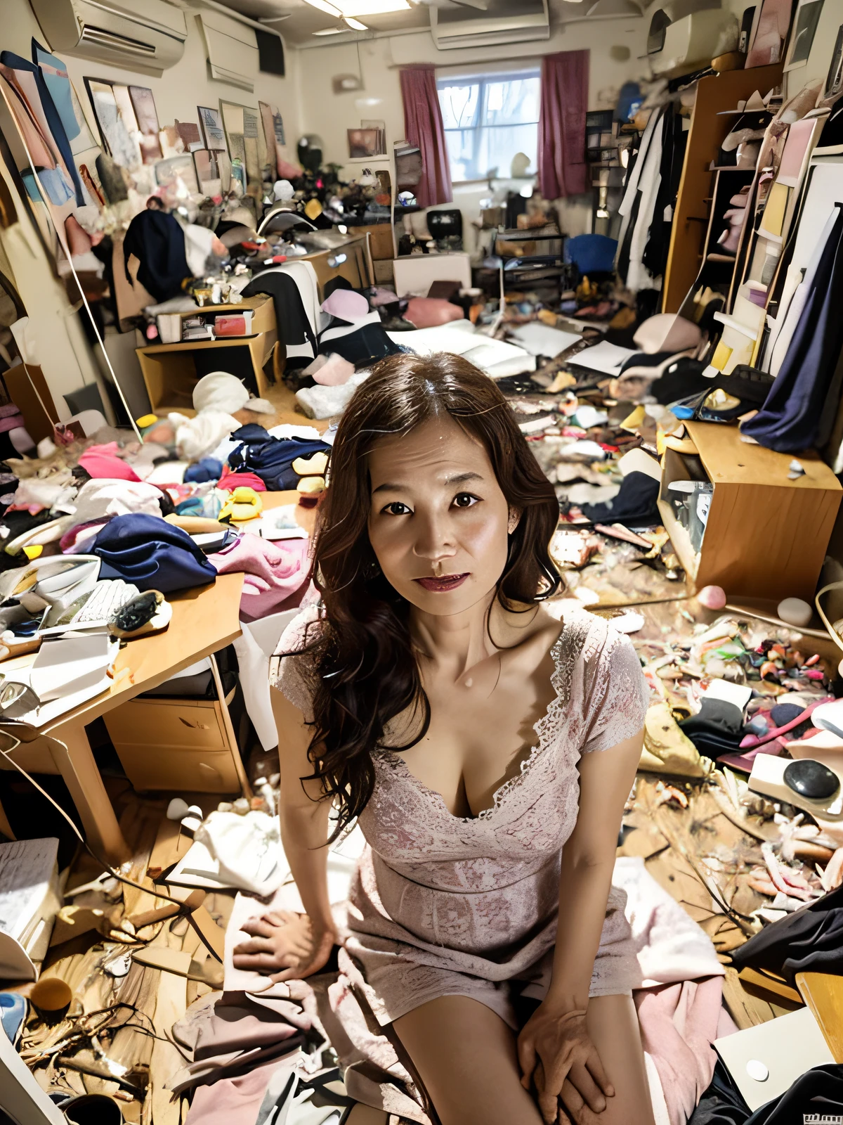 ((Best Quality, 8k, Masterpiece: 1.3)), Photorealistic, Sharp Focus, High Definition, High Definition, ((Portrait, Solo:1.5)), Japan, Middle Aged Woman, Beauty, 45 Years Old, Plump, Wavy Hair, Bra, Panties, Wrinkles at the corners of the eyes, (Messy Room:1.5), Room full of things, Expressionless, Undergarments