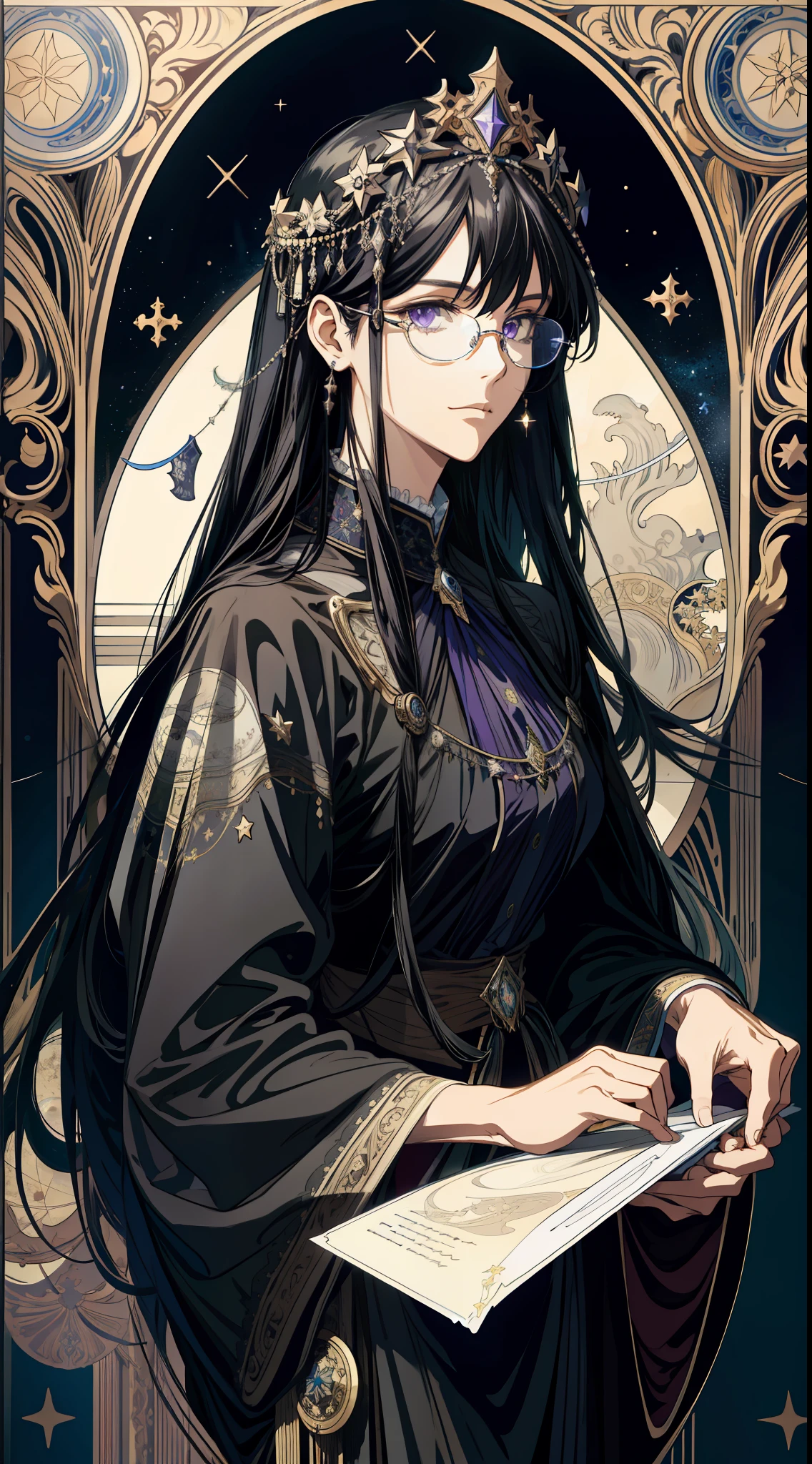 (absurd, high resolution, super detailed), solo, female, long black hair, deep purple eyes, black robe, glasses, planetarium decoration, Victorian style, mature female, fine eyes and detailed face, hermitage\tarot cards\, stars, ocean, moon, symbolism, visual arts, occult, visual projection, philosophy, iconology, numerology, pop, art, alfonse Mucha