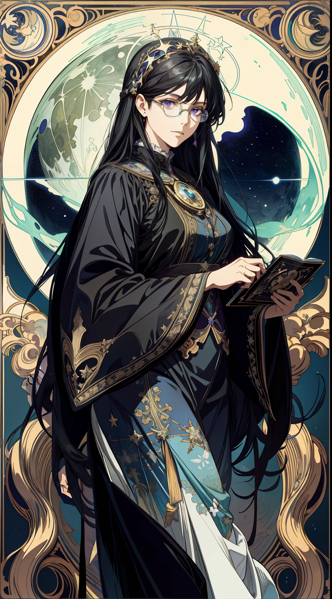 (absurd, high resolution, super detailed), solo, female, long black hair, deep purple eyes, black robe, glasses, planetarium decoration, Victorian style, mature female, fine eyes and detailed face, hermitage\tarot cards\, stars, ocean, moon, symbolism, visual arts, occult, visual projection, philosophy, iconology, numerology, pop, art, alfonse Mucha