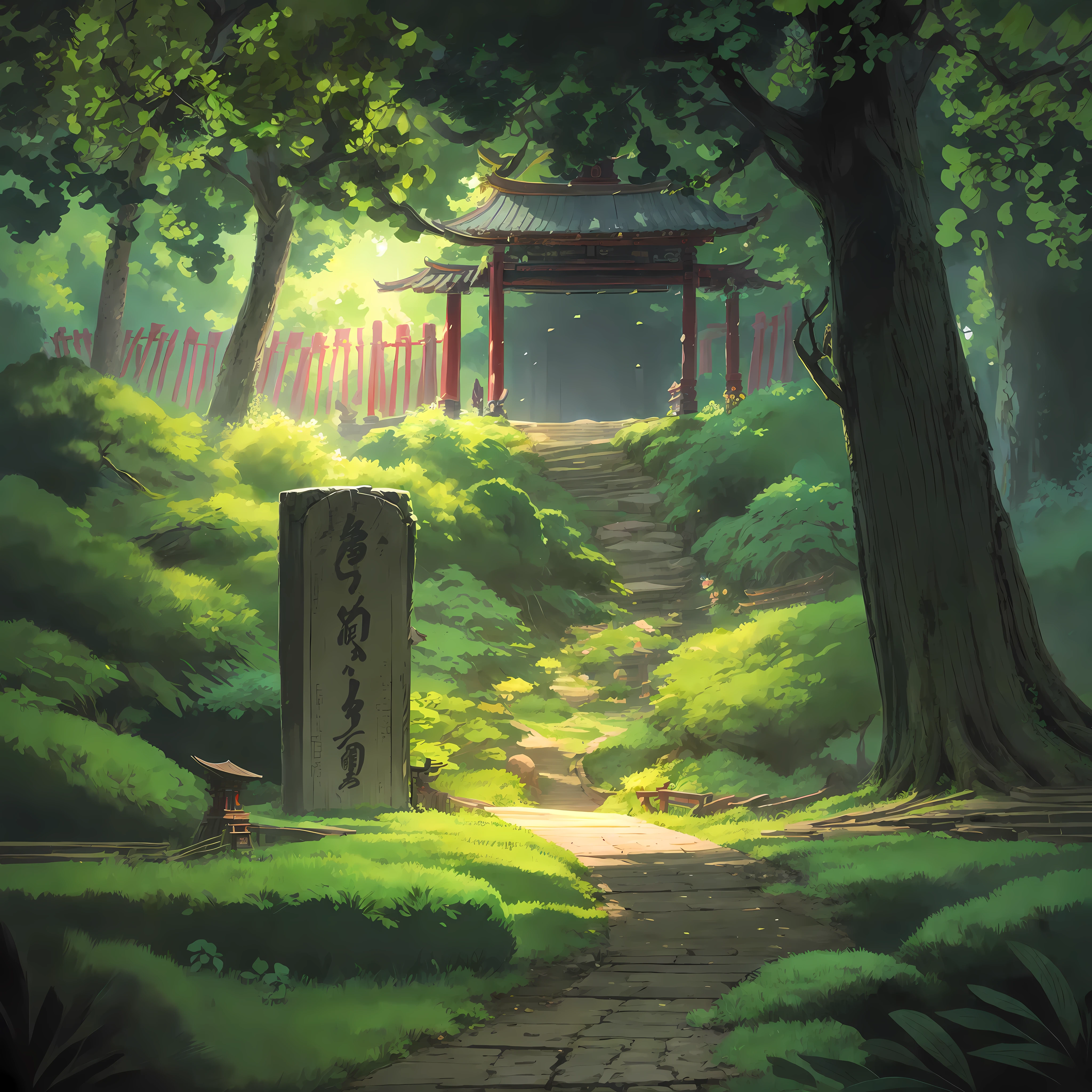 there is a drawing of a gate in a park with a tree, digital painting of a pagoda, background depicting a temple, zen temple background, temple background, mysterious temple setting, inspired by Shūbun Tenshō, inspired by Torii Kiyomoto, chinese watercolor style, anime scenery concept art, anime scenery, shinto shrine, scenery artwork