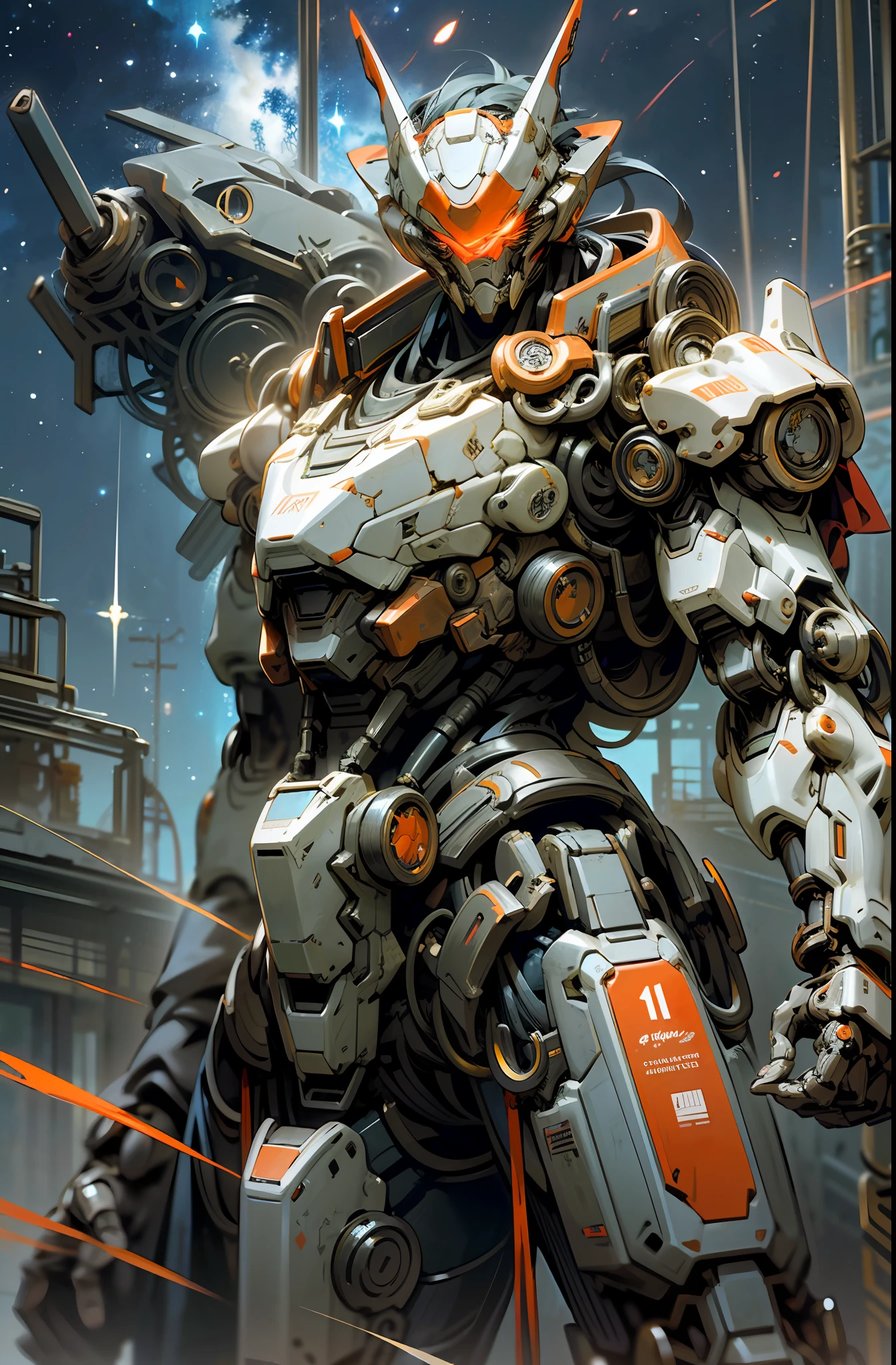 Dark_Fantasy, Cyberpunk, (chain saw, chain saw man, Red: 1.1), 1man, Mechanical marvel, Robotic presence, Cybernetic guardian, wearing shabby mech suits, intricate, (steel metal [rusty]), elegant, clear focus, photographed by Greg Rutkowski, Soft lighting, bright colors, masterpieces, ((sky, starry sky)), cowboy shooting, dynamic poses,