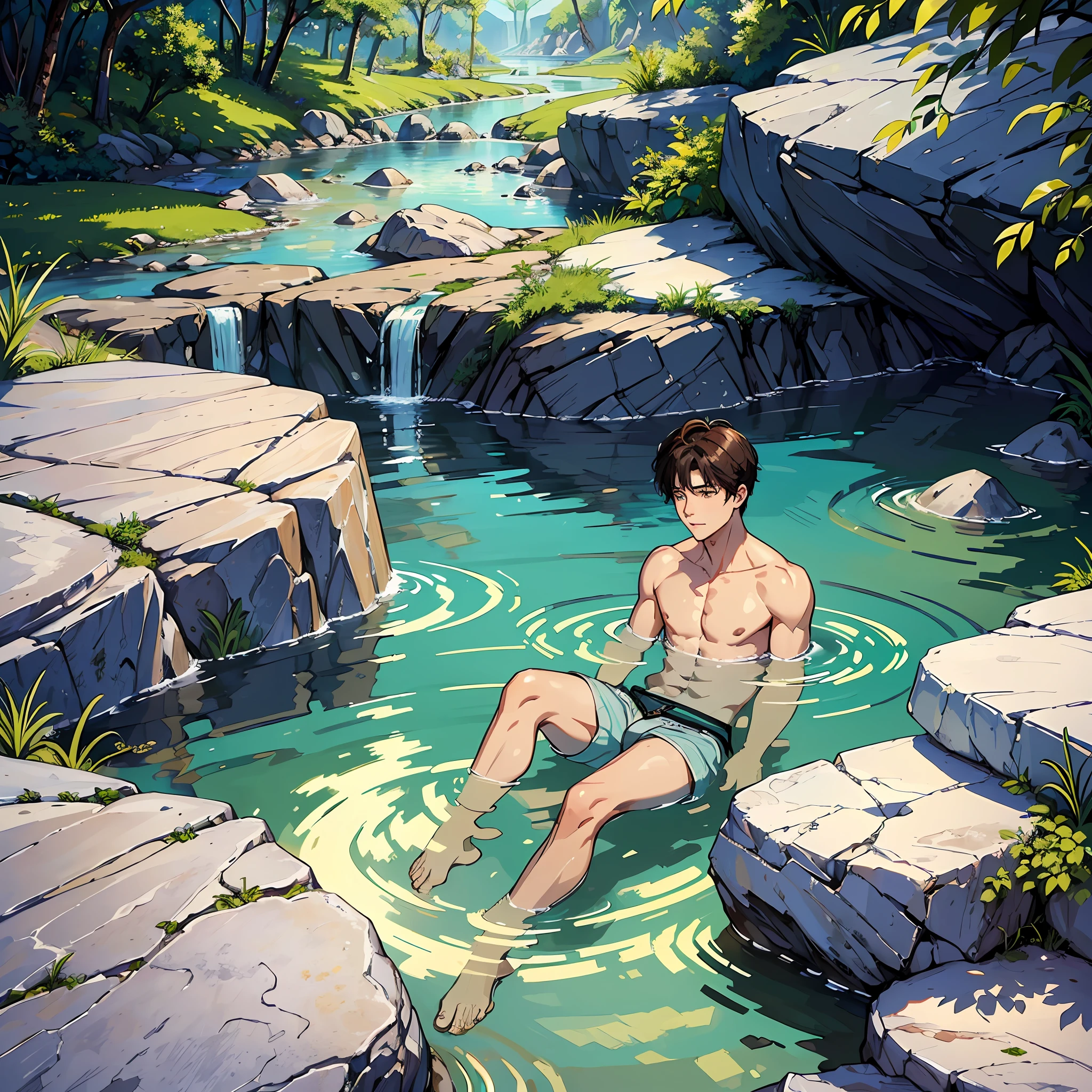 ((masterpiece, top quality, super detail, super high resolution, realistic)), hot springs, surrounded by rocks, the water is cloudy, a young man is up to his waist --auto --s2