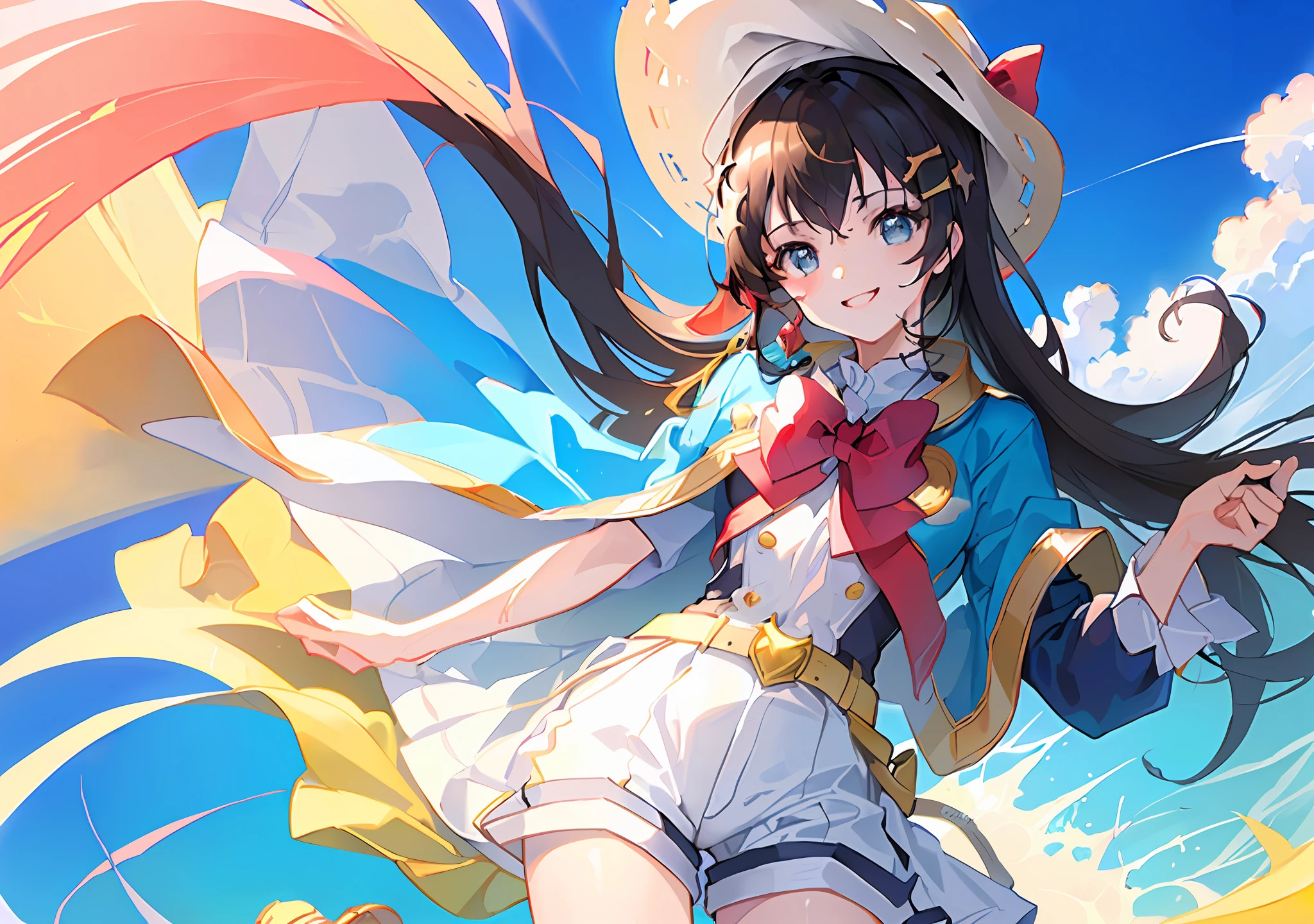 official art,((masterpiece)), (((best quality))), ((ultra-detailed)), ((illustration)),short shorts,sun hat,sky ,smile,hair_between_eyes, dynamic angle, style: water color, floating,red flower‘s hairband and hairclip and hair_bow,wet