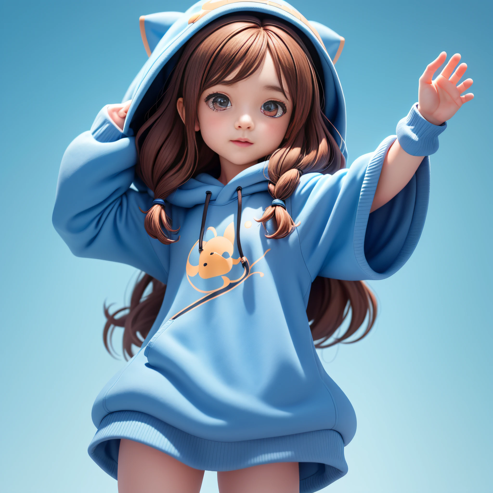 (extremely detailed CG unified 8k wallpaper), blind box toy style, a cute little girl with brown hair, shoulder-length medium long hair, black hooded sweatshirt, light blue clean background, upper body, avatar close-up,