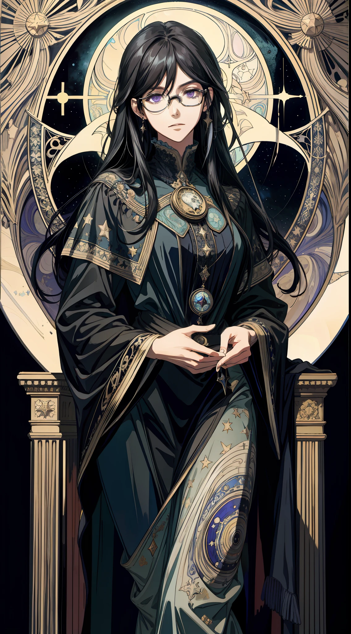 (absurd, high resolution, super detailed), solo, female, long black hair, deep purple eyes, black robe, glasses, planetarium decoration, Victorian style, mature female, fine eyes and detailed face, hermitage\tarot cards\, stars, ocean, moon, symbolism, visual arts, occult, visual projection, philosophy, iconology, numerology, pop, art, alfonse Mucha