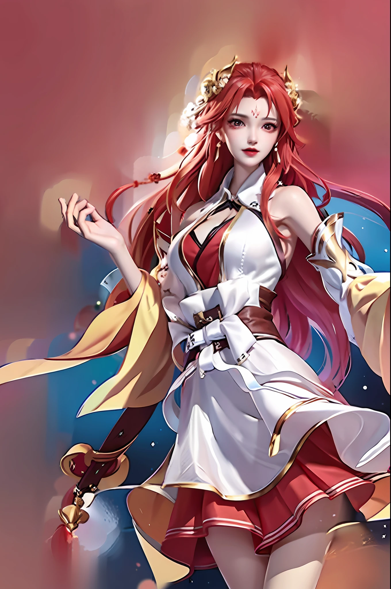 Girl, young and beautiful, tall and beautiful, fair face, perfect features, tall and beautiful, fair skin, good figure, heroic and valiant, heroic and valiant, wearing ancient Chinese armor, female general, Chinese landscape background, standing on the top of the mountain, 500 years ago, starry night, realistic, detailed, 8k, mix4,   red_dress,starry sky, fire, red hair, solo, hair ornament, long hair, red eyes, jewelry, earrings, dress, bare shoulders, red lips, upper body, white background, facial mark, crescent, lipstick, forehead mark, looking at viewer
