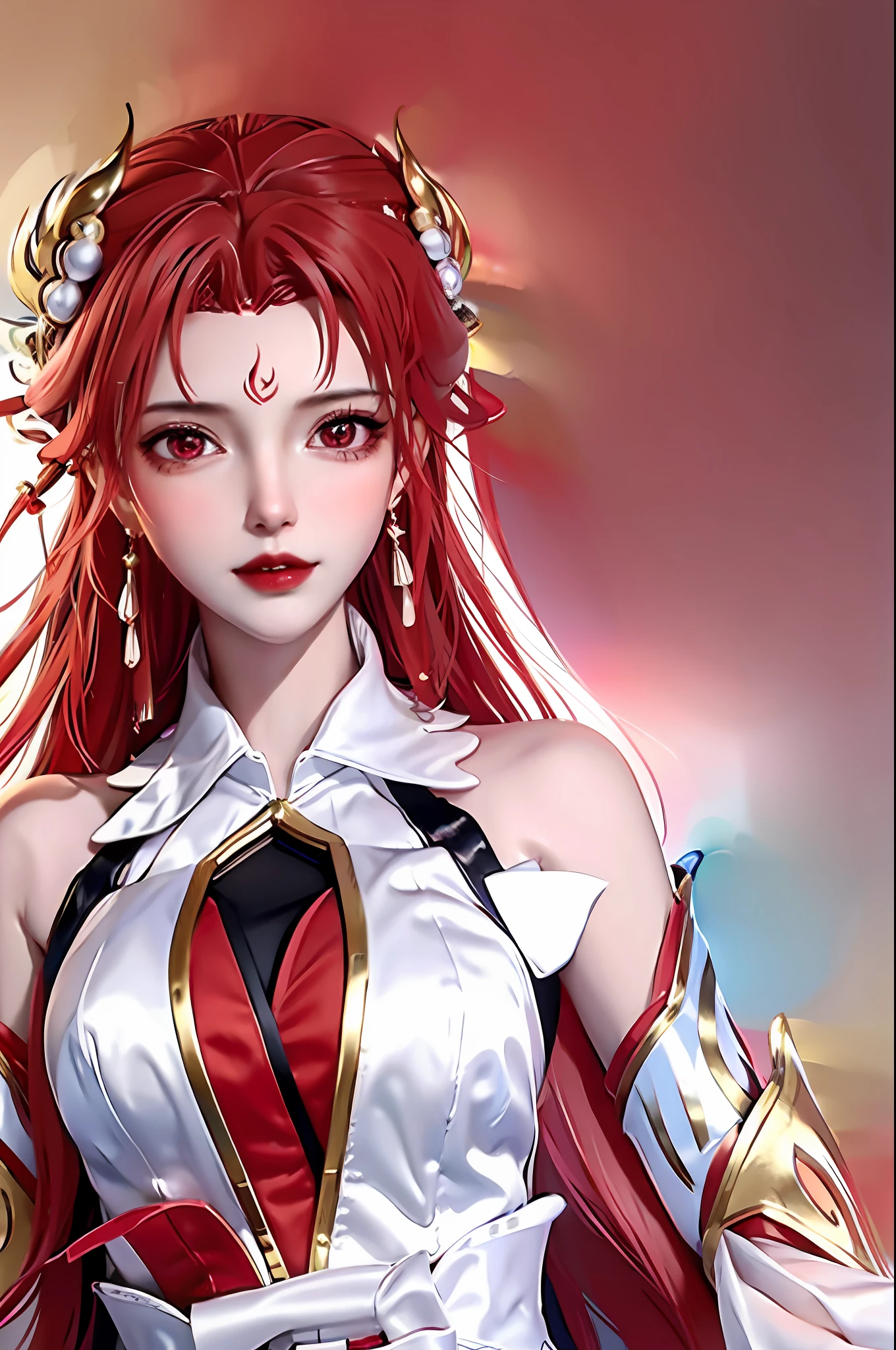 Girl, young and beautiful, tall and beautiful, fair face, perfect features, tall and beautiful, fair skin, good figure, heroic and valiant, heroic and valiant, wearing ancient Chinese armor, female general, Chinese landscape background, standing on the top of the mountain, 500 years ago, starry night, realistic, detailed, 8k, mix4, red_dress,starry sky, fire, red hair, solo, hair ornament, long hair, red eyes, jewelry, earrings, dress, bare shoulders, red lips, upper body, white background, facial mark, crescent, lipstick, forehead mark, looking at viewer