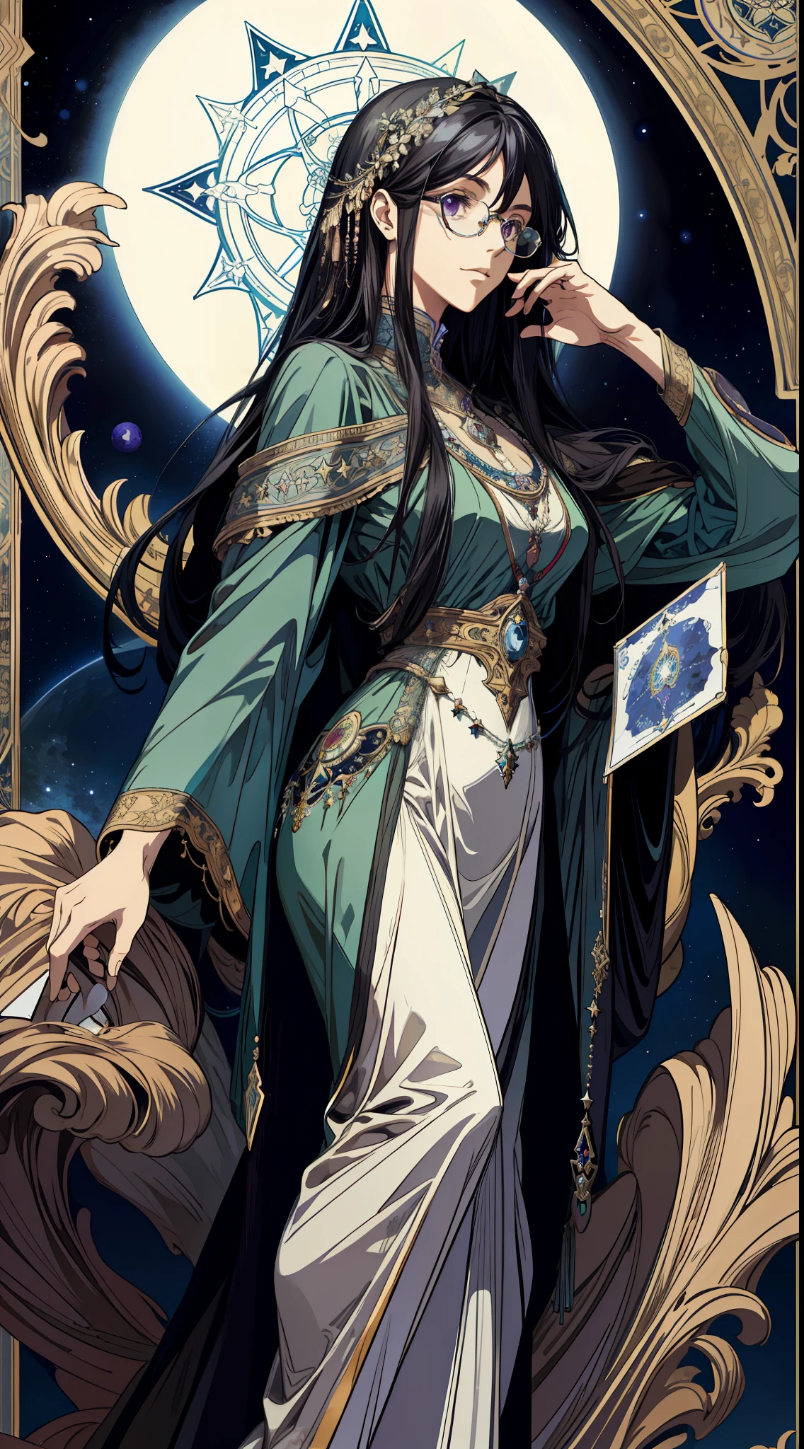 (absurd, high resolution, super detailed), solo, female, long black hair, deep purple eyes, black robe, glasses, planetarium decoration, Victorian style, mature female, fine eyes and detailed face, hermitage\tarot cards\, stars, ocean, moon, symbolism, visual arts, occult, visual projection, philosophy, iconology, numerology, pop, art, alfonse Mucha