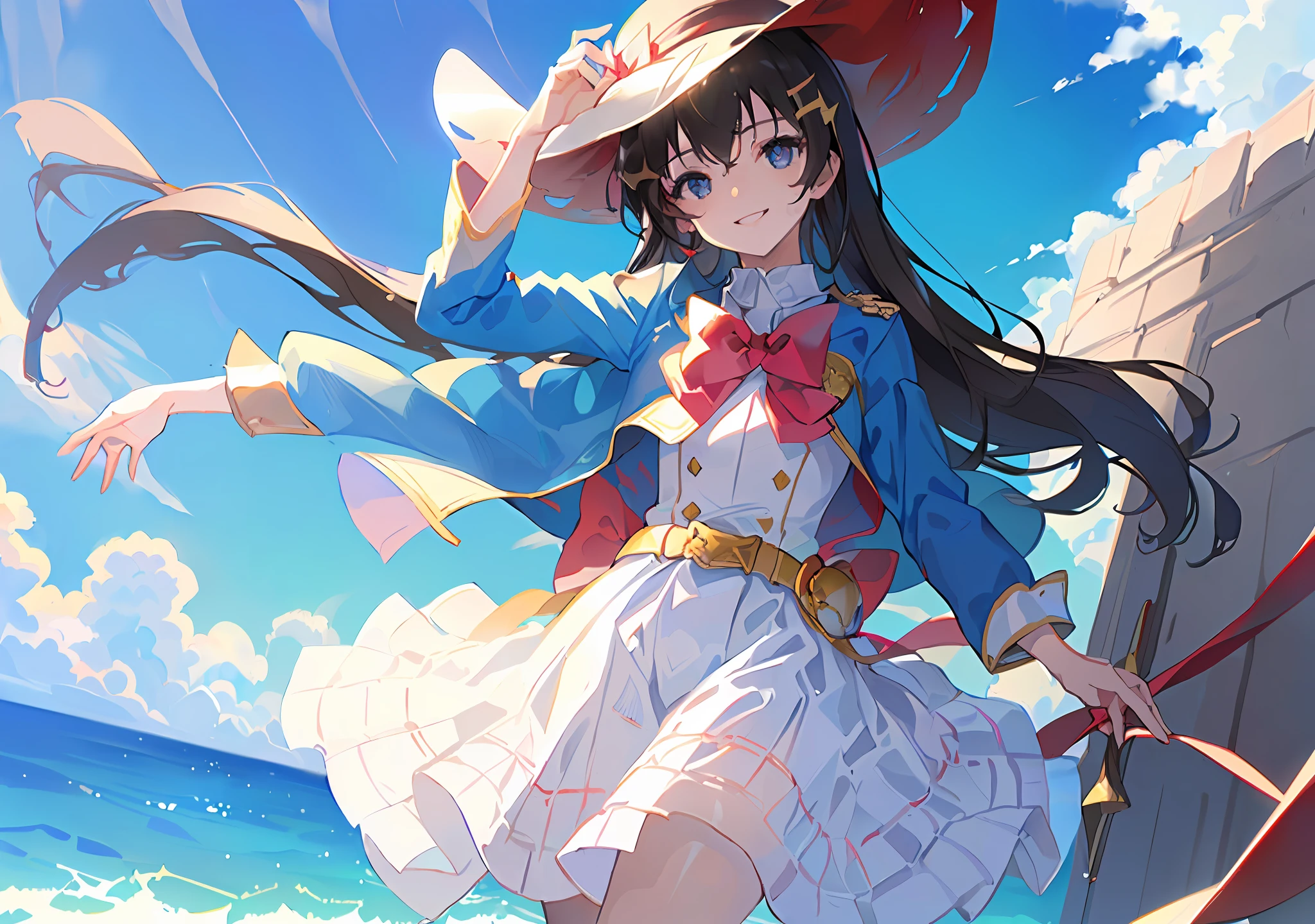 official art,((masterpiece)), (((best quality))), ((ultra-detailed)), ((illustration)),short shorts,sun hat,sky ,smile,hair_between_eyes,  dynamic angle, style: water color, floating，red flower‘s hairband and hairclip and hair_bow，wet