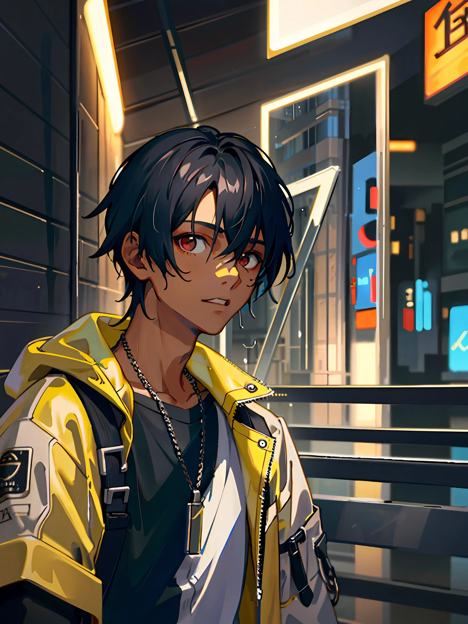 1boy, jacket, rain, outdoor, sweatshirt, open jacket, chain, backpack, looking at other, hair split in middle, tanned skin, boy gender, boy focus, trend in artstation, 8k resolution, highly detailed, anatomically correct, sharp image, digital painting, concept art, trend in pixiv, Makoto Shinkai style,