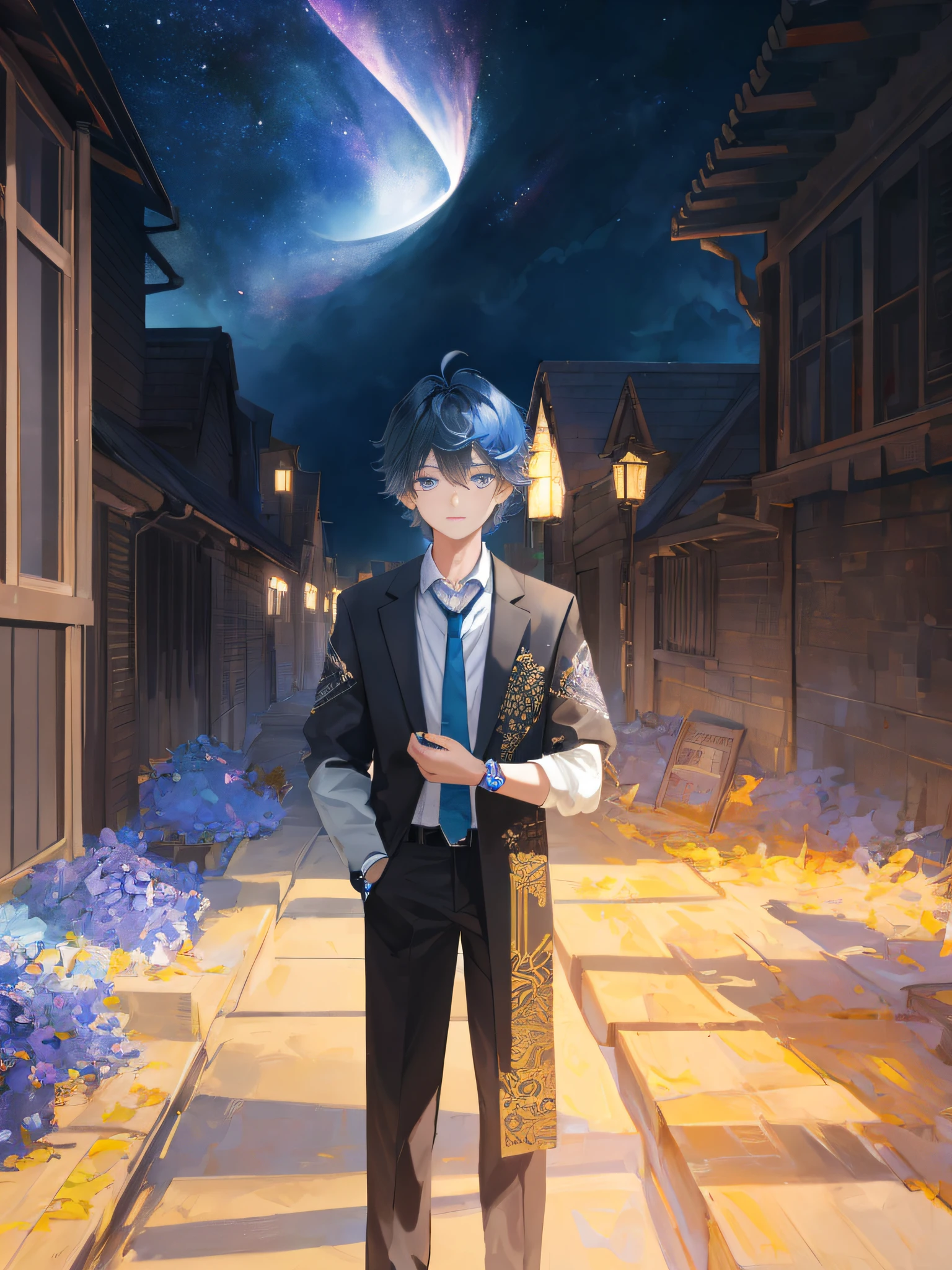masterpiece, best quality, extremely detailed CG Unity 8k wallpaper, kirigami, (detailed face), detailed eyes, bright sky nebula, 2 guys, age: 16, one stands on the shoulders of the other