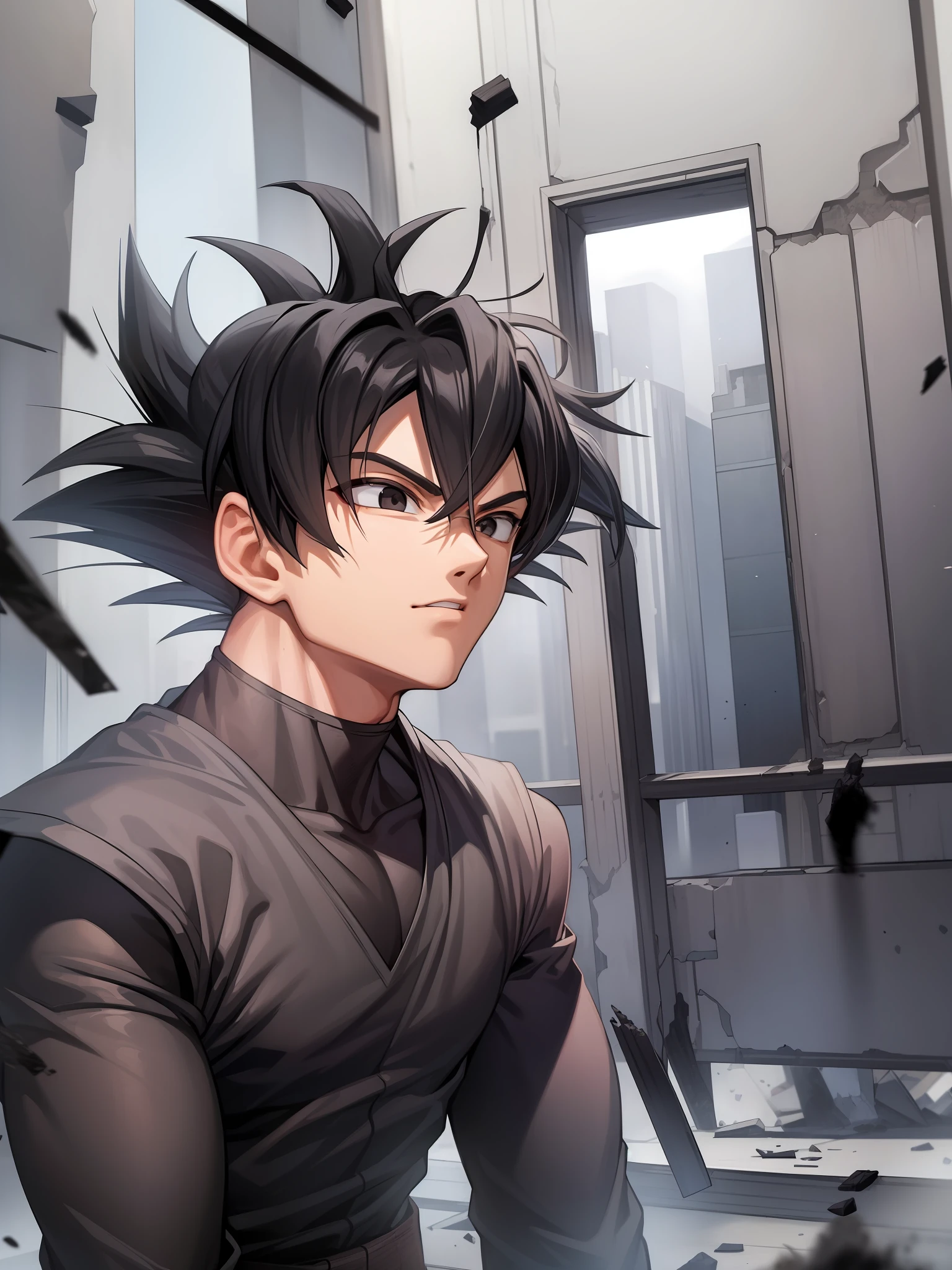 ((masterpiece, best quality)),(complex light), 1boy,solo,upper body, goku black,black hair,black eyes,  destroyed debris background,