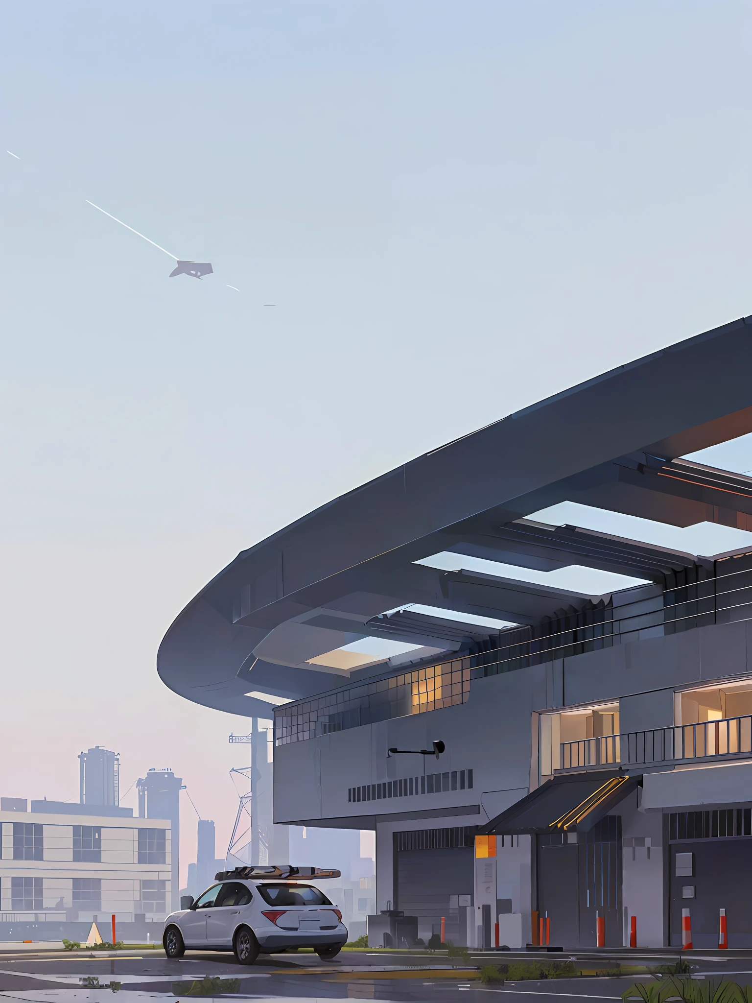 There is a building with a large roof, a car is parked in front, view from the ground, modern technical architecture, photos taken from the ground, view from the ground, office building, architectural shooting, ground view, archaeological photos, photos taken from the ground, ground view, beautiful night sky, fine images