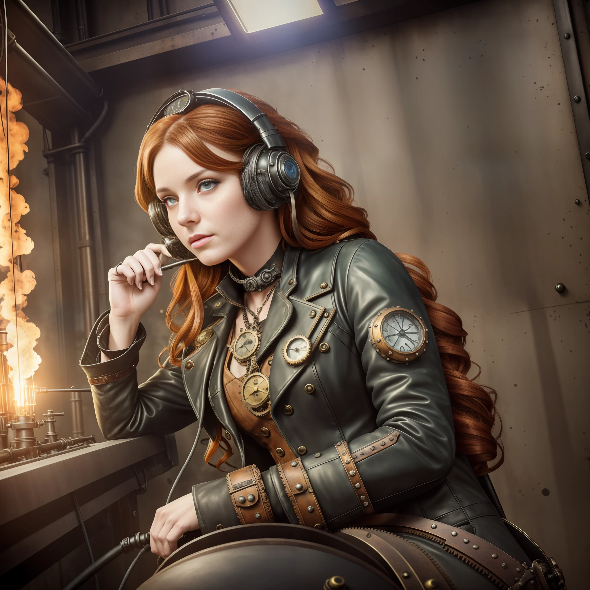 hyper photorealism, very high contrast photograph, street photography, cinematic lighting, dramatic lighting, (a 19 yo girl, (Ana de Armas:0.50), (redhead:1.1)), very cute, (perfect eyes:1.1), photorealistic wavy hair, looking down at her own hand, steampunk jumpsuit, intercom headset, steampunk choker, long leather boots, perfect detailed face, detailed symmetric green eyes with circular iris, fixing a steam engine in the steampunk garage filled with steam and smoke, intricate, hdr, intricate details, detailed, cinematic, cogs and gears, steamy background with lots of steam pipes and steam valves and pressure gauges and gears, realistic, stunning realistic photograph, 3d render, octane render, cinematic, Isometric, Centered, hyperealistic cover photo, awesome full color, 12k, high definition, portrait featured on unsplash, smooth, ultra high definition, 8k, ultra sharp focus, intricate artwork, masterpiece, ominous, epic, highly detailed, warm cinematic, a girl in a light gray uniform sitting on a machine, young girl in steampunk clothes, in a steampunk laboratory, steampunk inventor girl, in a steampunk world, woman in a dark factory, steampunk fantasy style, steampunk , steampunk aesthetic --auto --s2