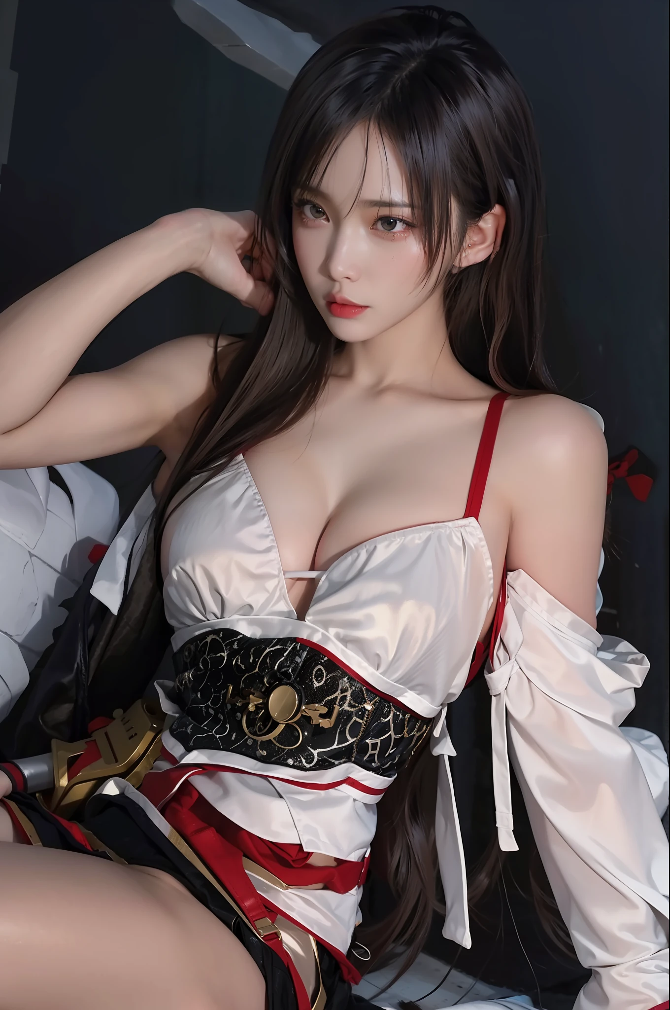 - [ ] (((wearing the torn sheer costume of the superheroine)))),((no panties, no bra)), wet crotch, wet thighs, Beautiful girl with accentuated slender abs: 1.4, (((The tip is protruding, the areola is protruding, the shape of the pubic area is clearly visible))), Six-pack abs: 1.4, bust Botox, big, perfect body, photo, Sharpness, unique 850 4, koda850 k portrait camera, f1.6 lens, ultra-realistic textures, spectacular light textures, Cinestil 800 fashion mechanics, (futuristic sci-fi battle fashion, elbow and knee cyberpad, cyber long boots, cyber glove: 1.1), ( Completely tied with chains)))), restraints, slaves, collars, contempt, ((tears flow, hurt, cry with pain)), sweating, (((wide prison with sunlight))), dark fantasy, peeling ceilings, broken slabs, rebar between cracks, realistic material details, extreme details, ultra-realistic materials, broken walls, (((torn costume))), wet, cloudy, ((The noose is digging into the crotch, the hands are tied behind the back, the invisible hands)), (((no pan no bra))), costume torn to shreds, broken golden shield and combat spear lying around, long combat boots with white knee pads, long white gloves, combat shoulder armor, junkyard, raining blood, guro, blood on face, blood splatter, realistic,ズタズタに引き裂かれたコスチューム、割れた黄金の盾と戦闘用矛が転がっている、白い膝当て付き戦闘用ロングブーツ、白いロング手袋、戦闘用肩アーマー, junkyard, raining blood, guro, blood on face, blood splatter, realistic,(あざ、汚れた、破れた服、露出度の高い服、血:1.3)、茶色の髪、長い髪、破れたケープ、破れたパンスト、
