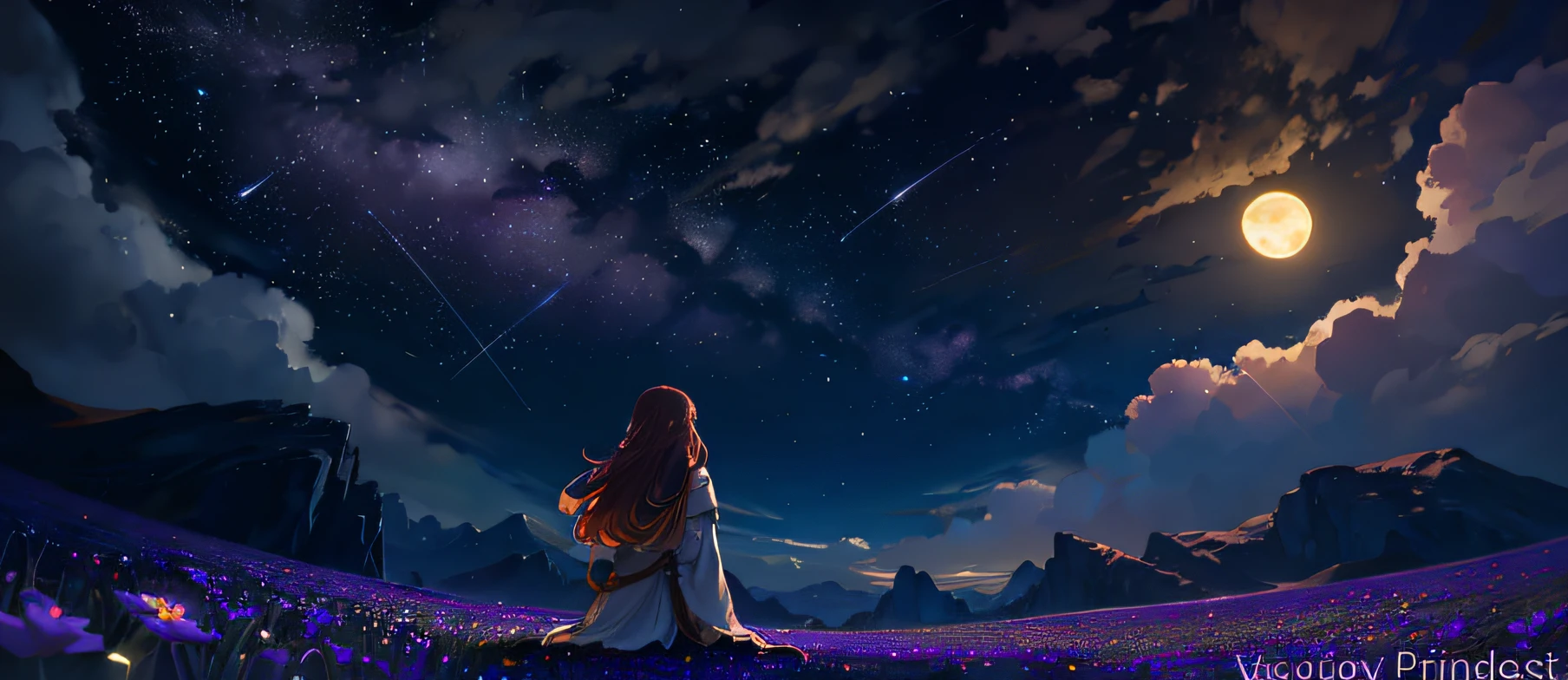 Vast landscape photo, (viewed from below, the sky is above and the open field is below), a girl standing on a flower field looking up, (full moon: 1.2), (meteor: 0.9), (nebula: 1.3), distant mountains , Trees BREAK Crafting Art, (Warm Light: 1.2), (Fireflies: 1.2), Lights, Lots of Purple and Orange, Intricate Details, Volumetric Lighting, Realism BREAK (Masterpiece: 1.2), (Best Quality), 4k, Ultra-Detailed, (Dynamic Composition: 1.4), Very Detailed, Colorful Details, (Rainbow Colors: 1.2), (Glow Lighting, Atmospheric Lighting), Dreamy, Magical, (Solo: 1.2)