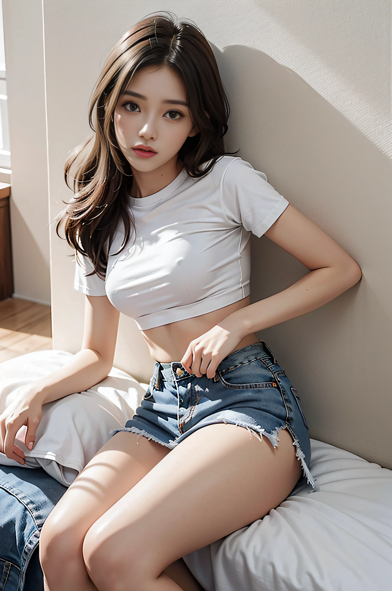 Girl in white shirt and tight denim skirt posing for photo, full body, legs spread, cut t-shirt, bra, slim body, small bust, slim girl model, 24 year old female model, lying down, shy