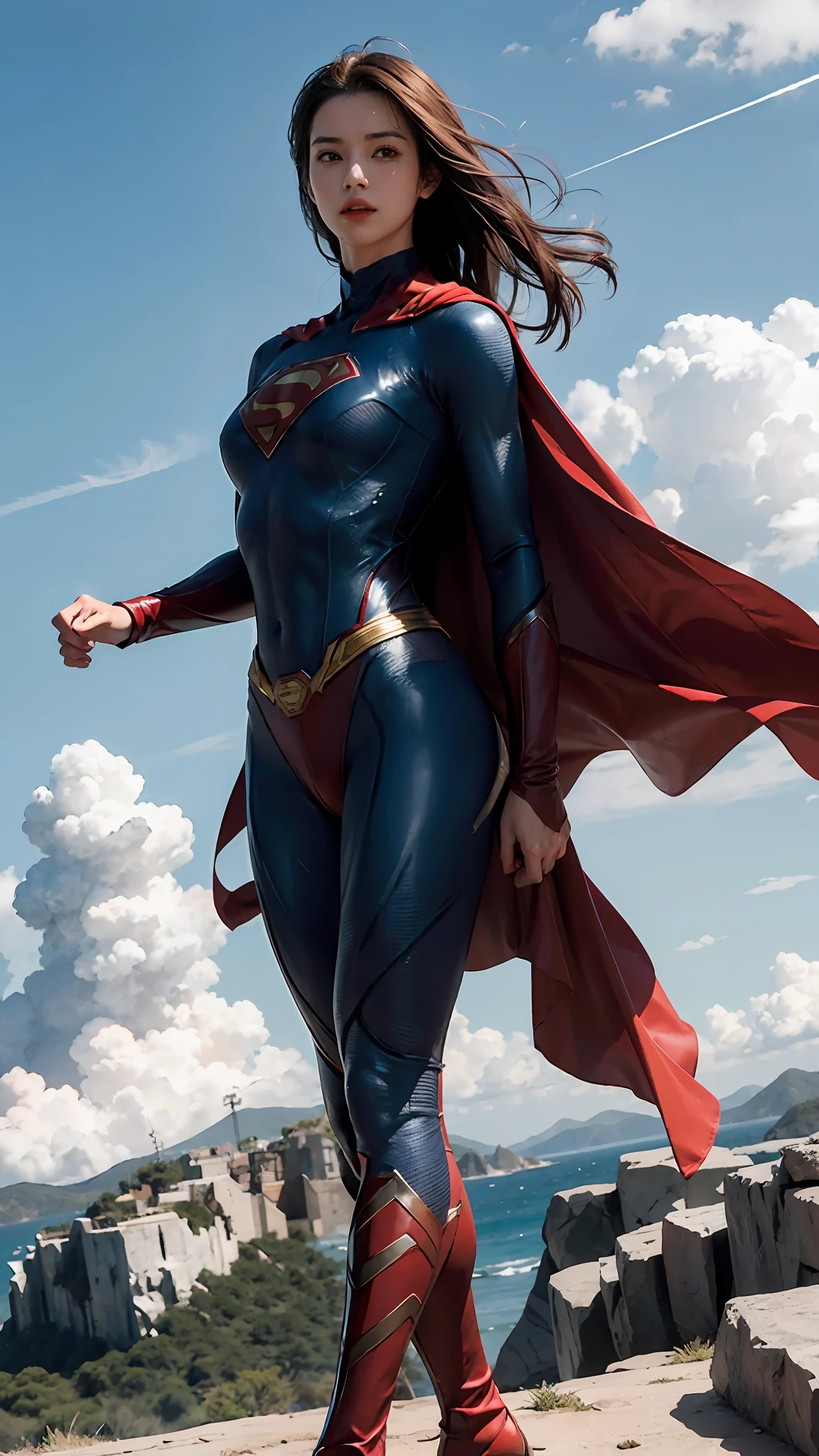 Detailed SuperMan costume with full sleeves covering the entire body, featuring a woman's physique, high-quality rendering, flying in sky, dynamic pose, contrasting shadows and highlights, vivid colors, dramatic lighting, red cape,