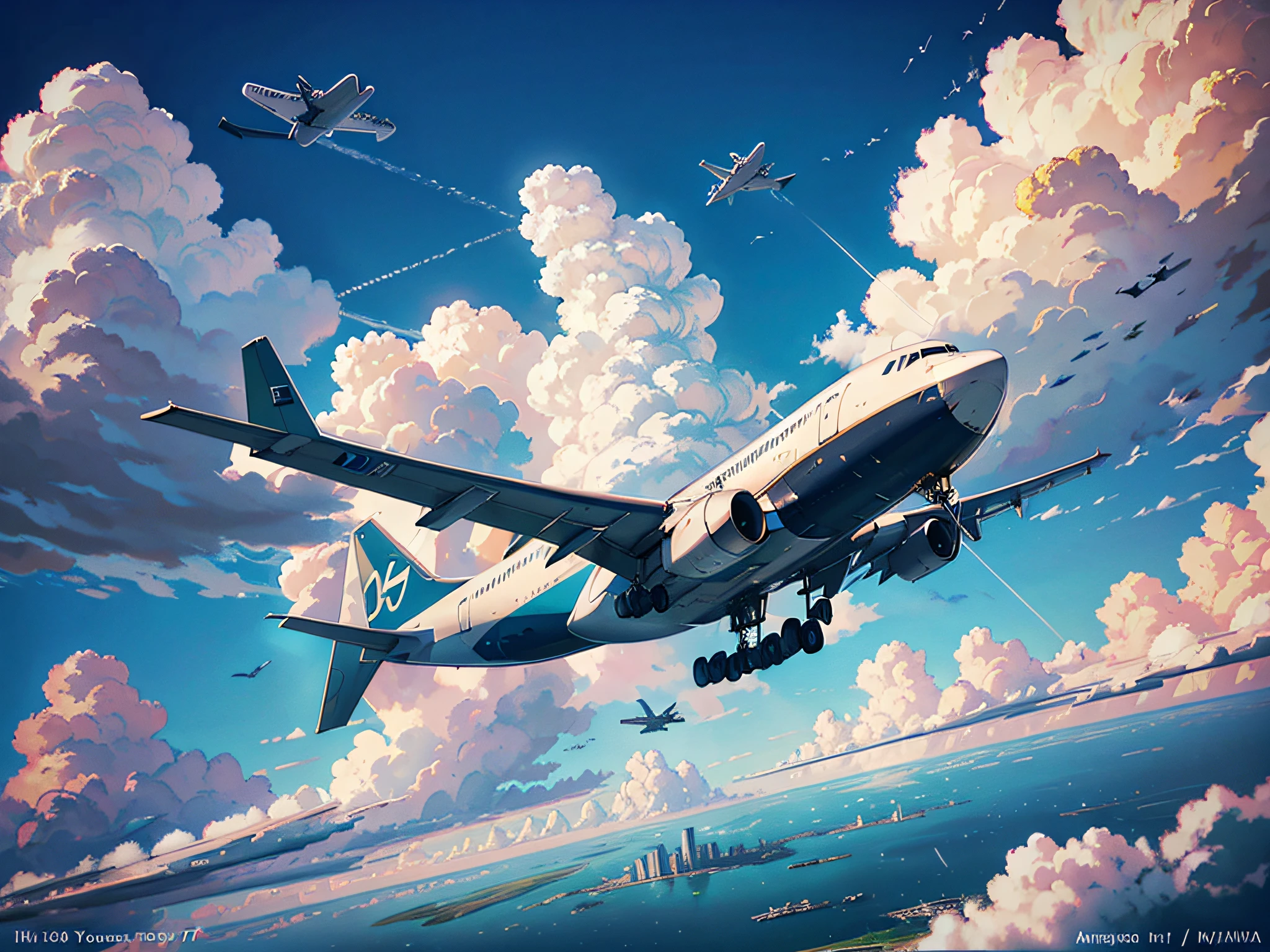 (One Large Airliner 1.5), flying in the sky with clouds in background, realistic plane, photo rendering, realistic airplane, Boeing concept art painting, depicted as 3d rendering, airplane in the sky, Boeing concept art, airplane, render in Maya 4 D, airplane, photo realistic rendering, photo realistic rendering
