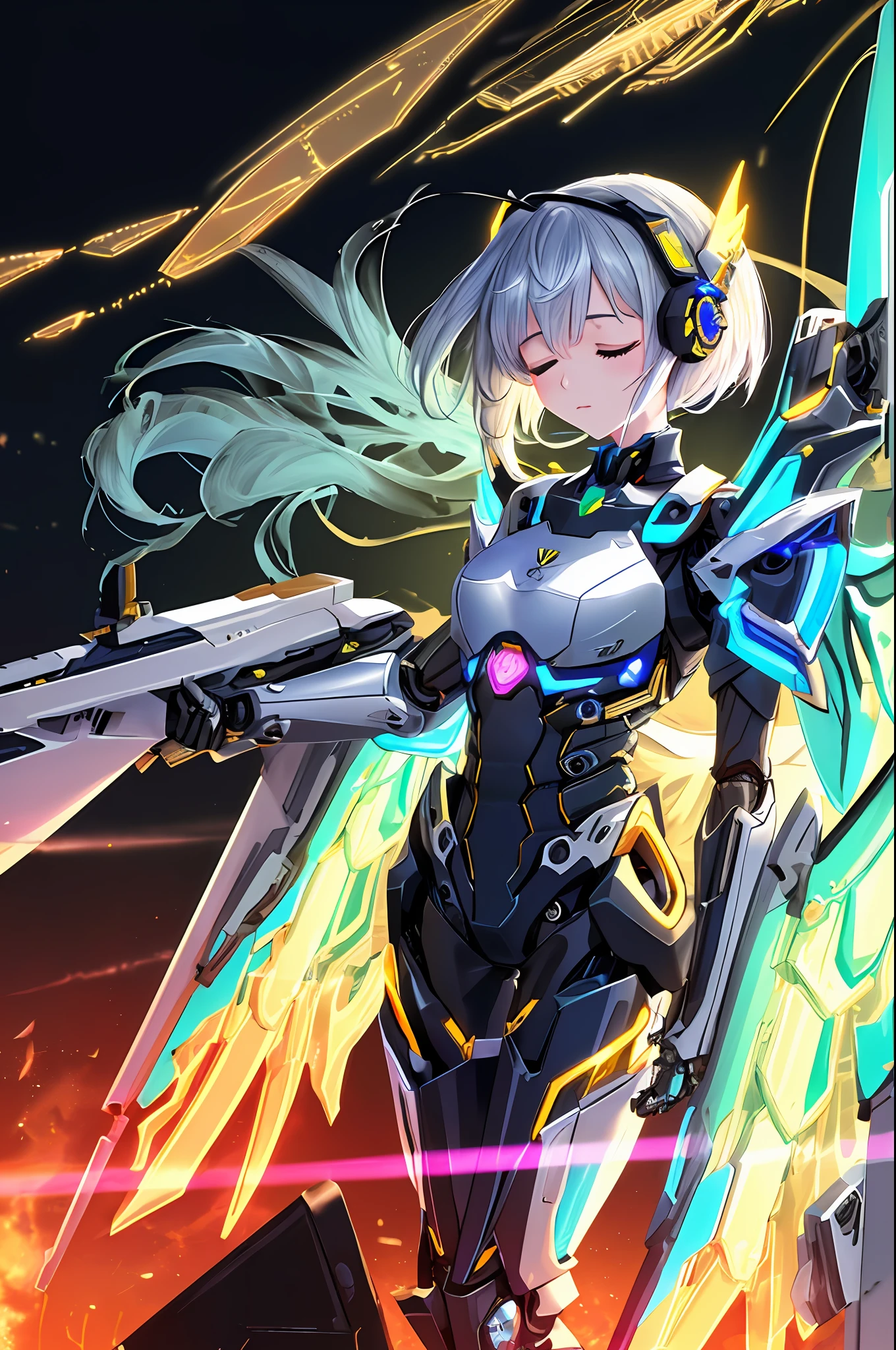 Top quality, masterpiece, masterpiece, highly detailed 8k wallpaper, realistic, beautiful machanical girl, (A mechanical glowing antenna attached to the ear:1.1),(closed eyes:1.1), BREAK, machanical girl,(machine made joints, machanical limbs and finger, exoskeleton spine and coccyx:1.2),(glowing wings mounted on shoulder:1.1),(dynamic angle:1.2),